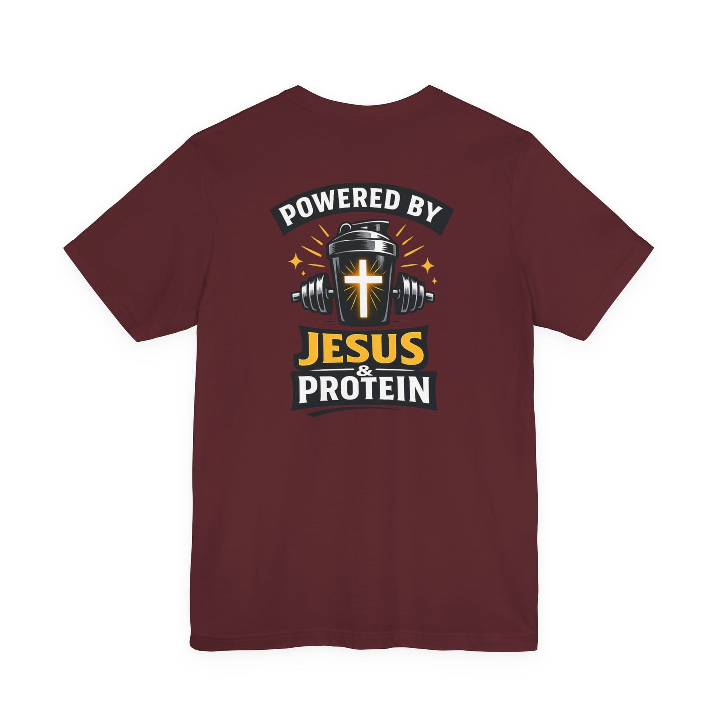 Powered by Jesus & Protein T-Shirt — Christian Gym Fitness Tee