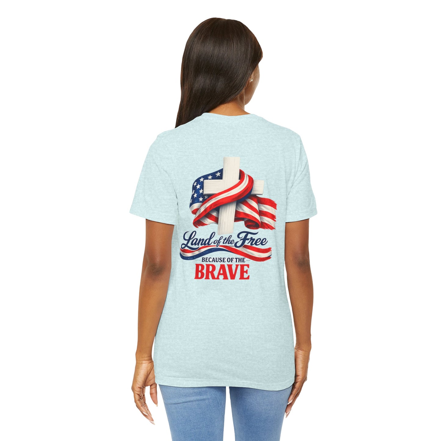 Land of the Free Because of the Brave Tee - Patriotic American Flag Cross T-Shirt