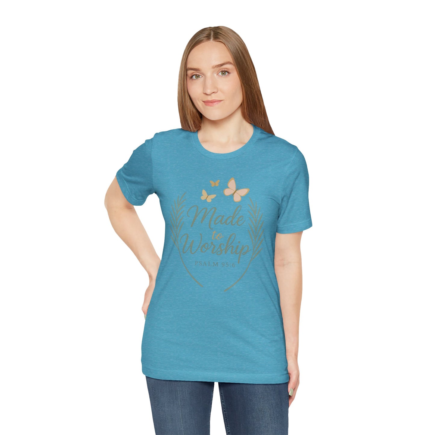Made to Worship T-Shirt – Psalm 95:6 Christian Faith Tee with Butterflies