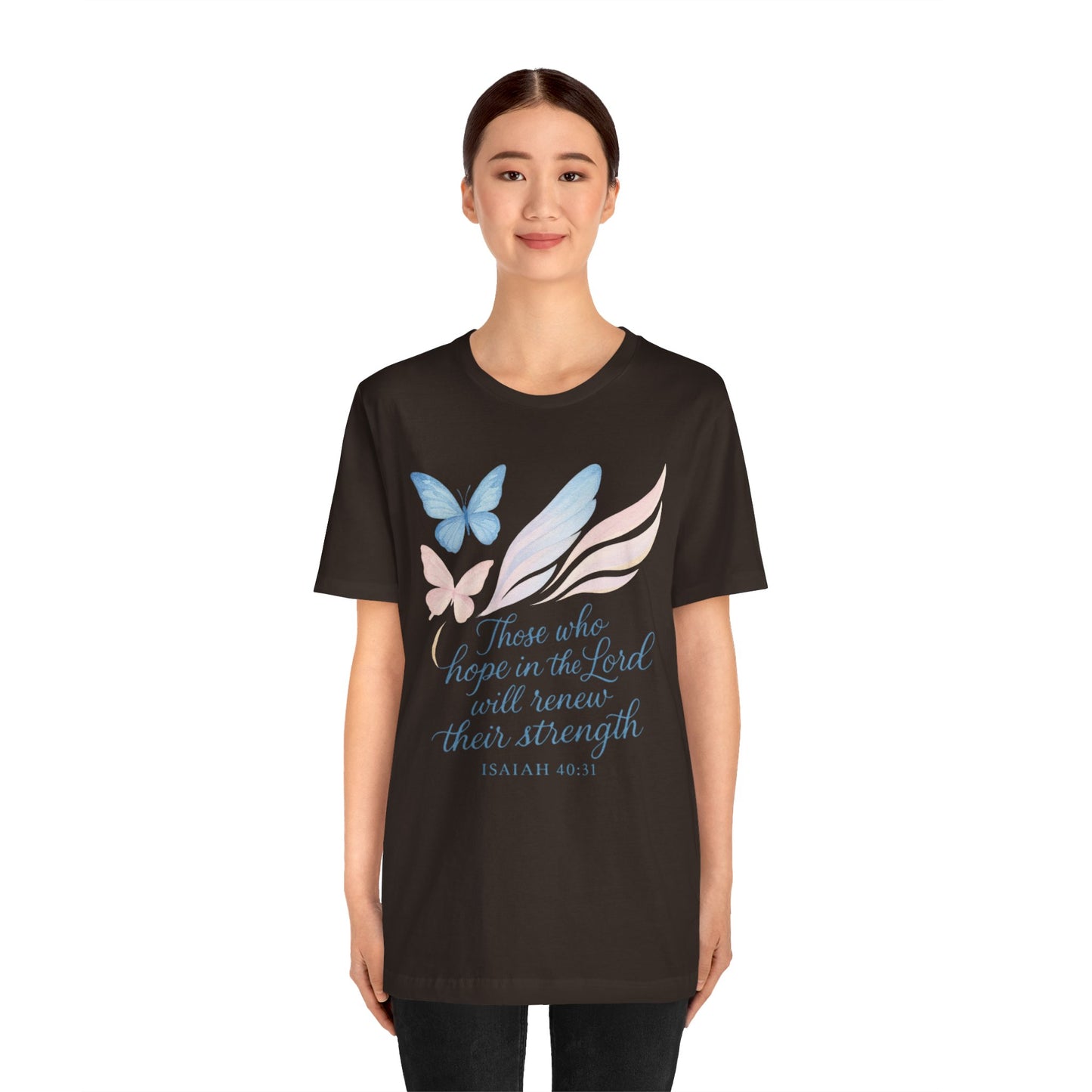 Inspirational Scripture T-Shirt – "Those Who Hope in the Lord" Isaiah 40:31, Pastel Butterflies