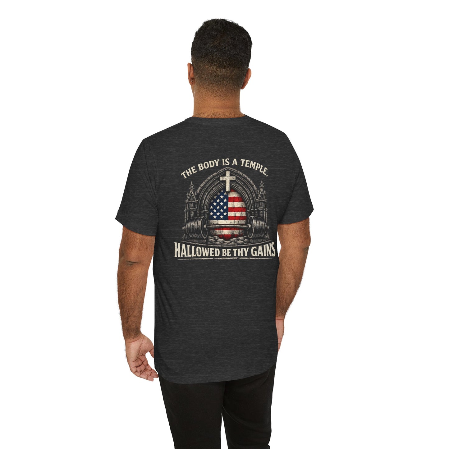 Patriotic Gym Tee — “The Body Is a Temple” American Flag Fitness T-Shirt
