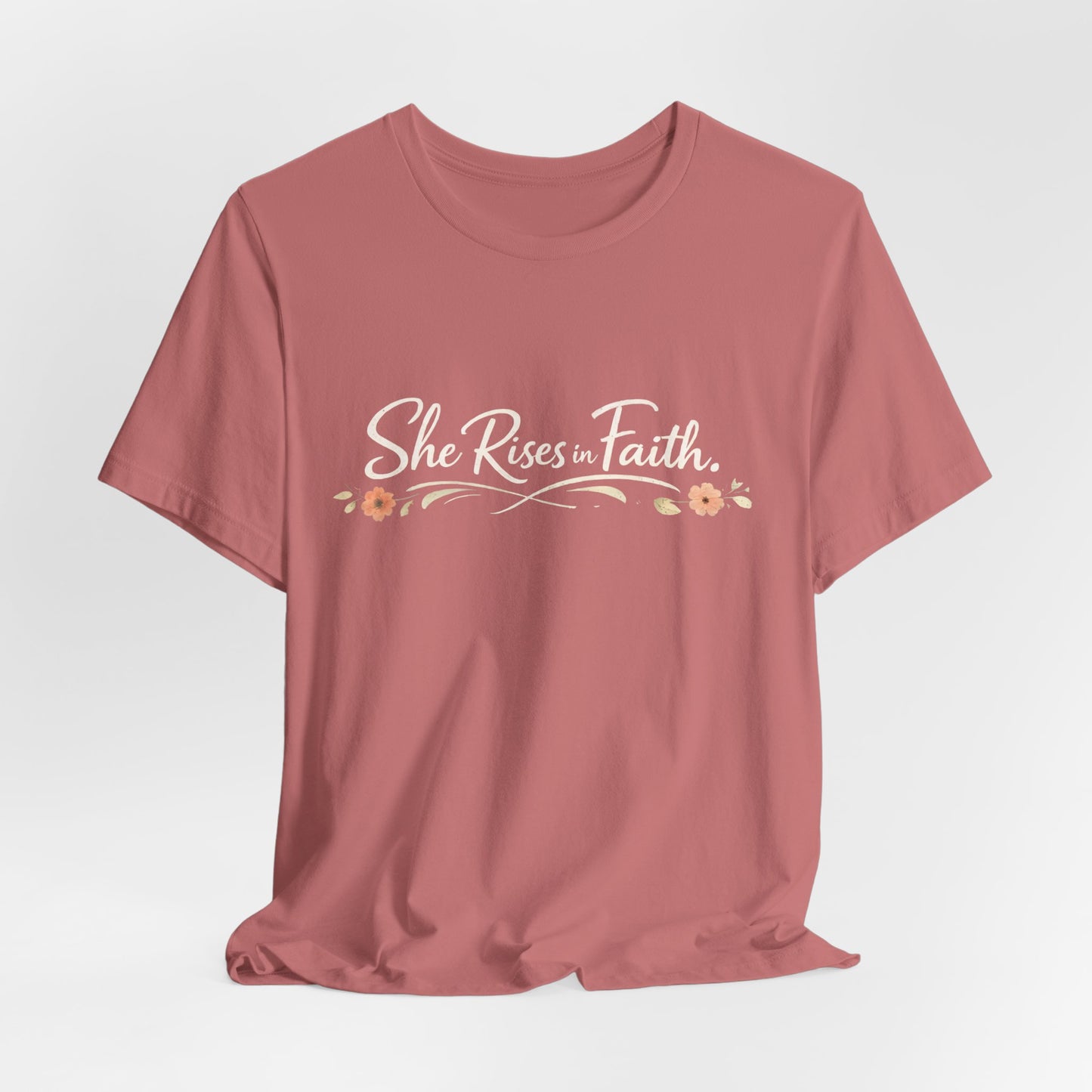 "She Rises In Faith" Chest Tee – Delicate Peach Blossom Graphic