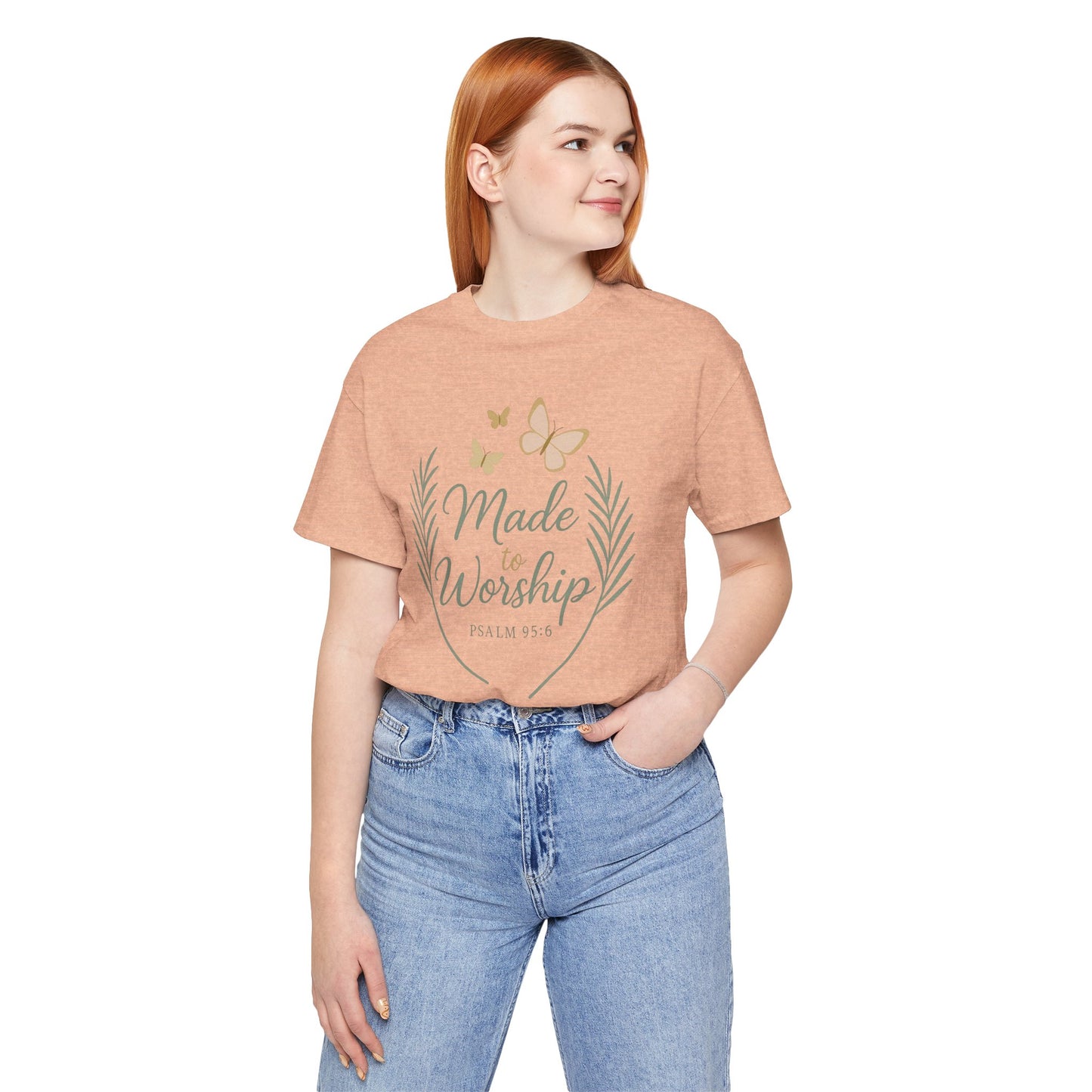Made to Worship T-Shirt – Psalm 95:6 Christian Faith Tee with Butterflies