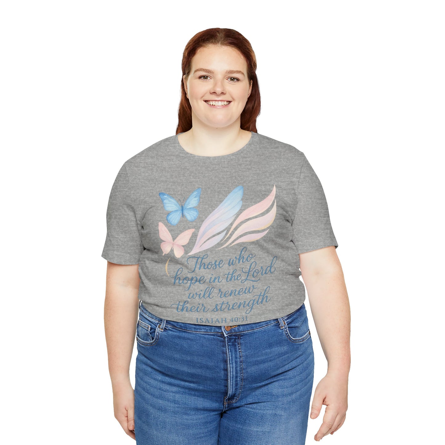 Inspirational Scripture T-Shirt – "Those Who Hope in the Lord" Isaiah 40:31, Pastel Butterflies
