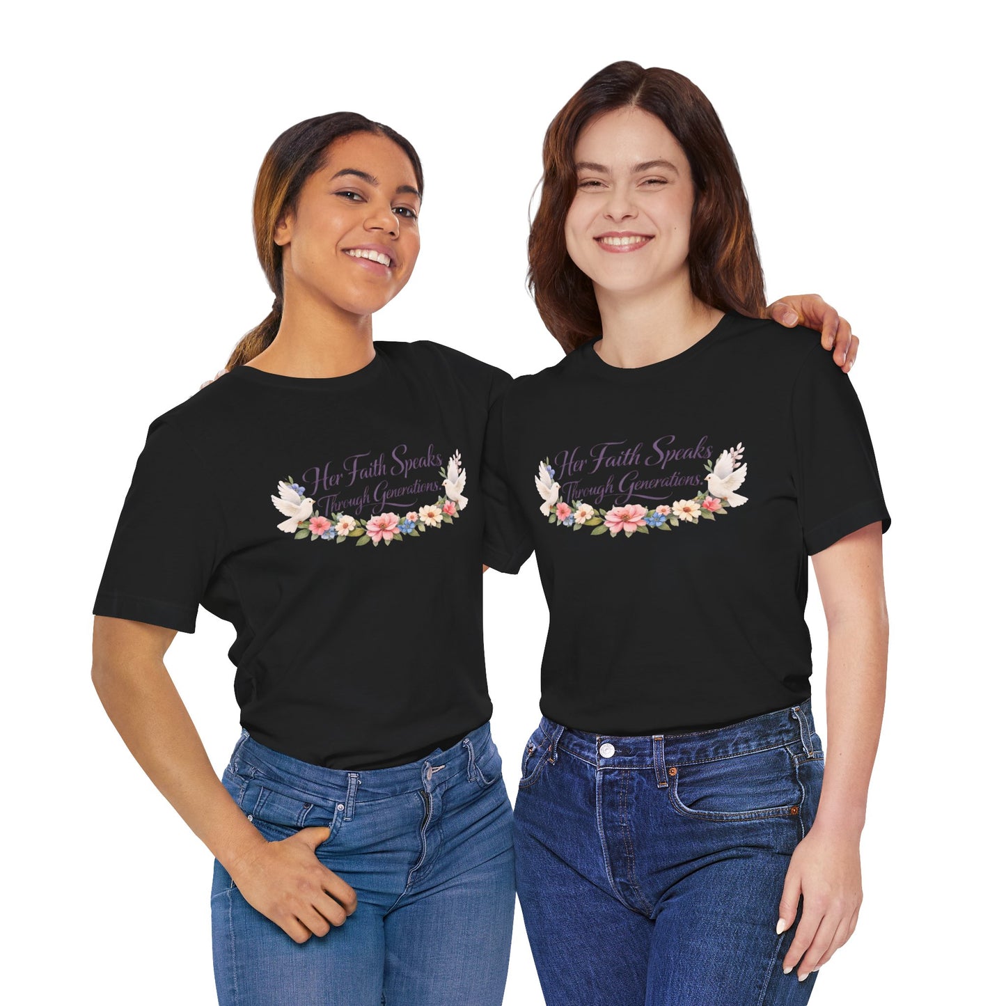 Her Faith Speaks Through Generations T-Shirt — Floral Inspirational Christian Tee