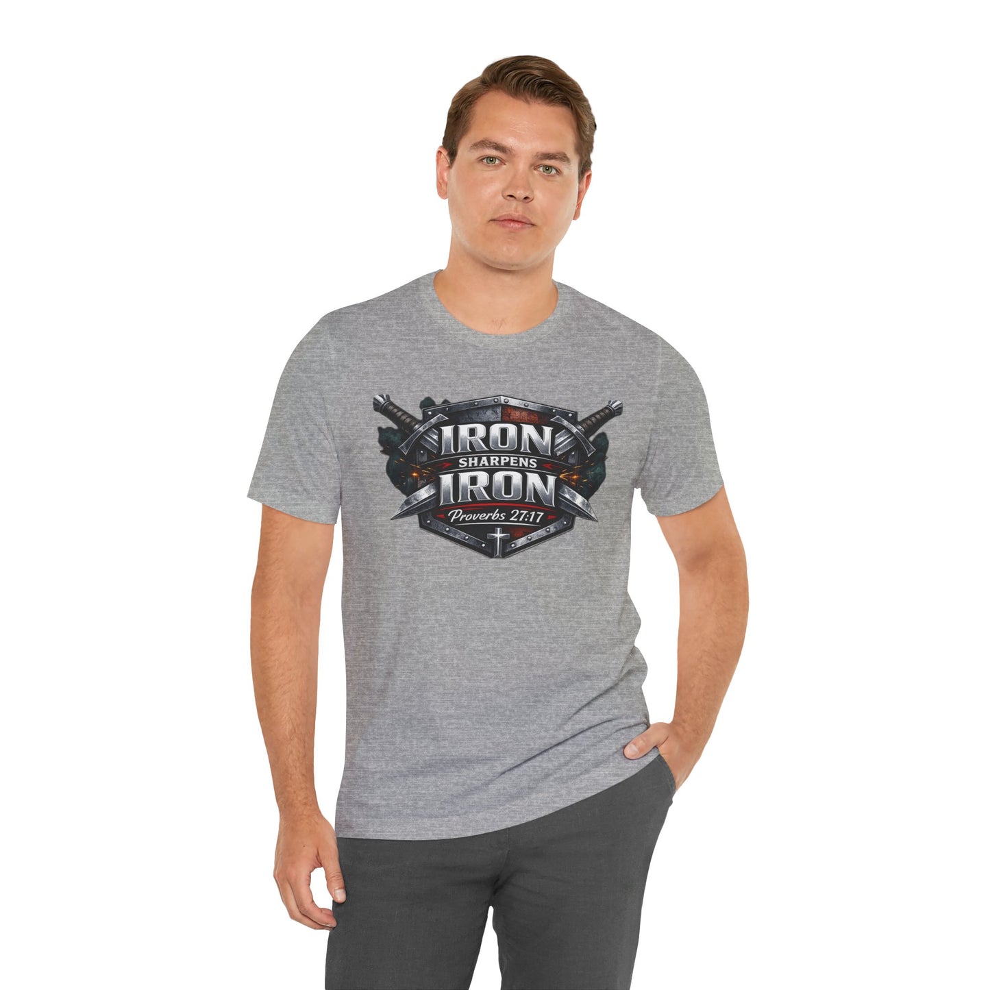 Iron Sharpens Iron T-Shirt — Faith-Based Proverbs 27:17 Graphic Tee