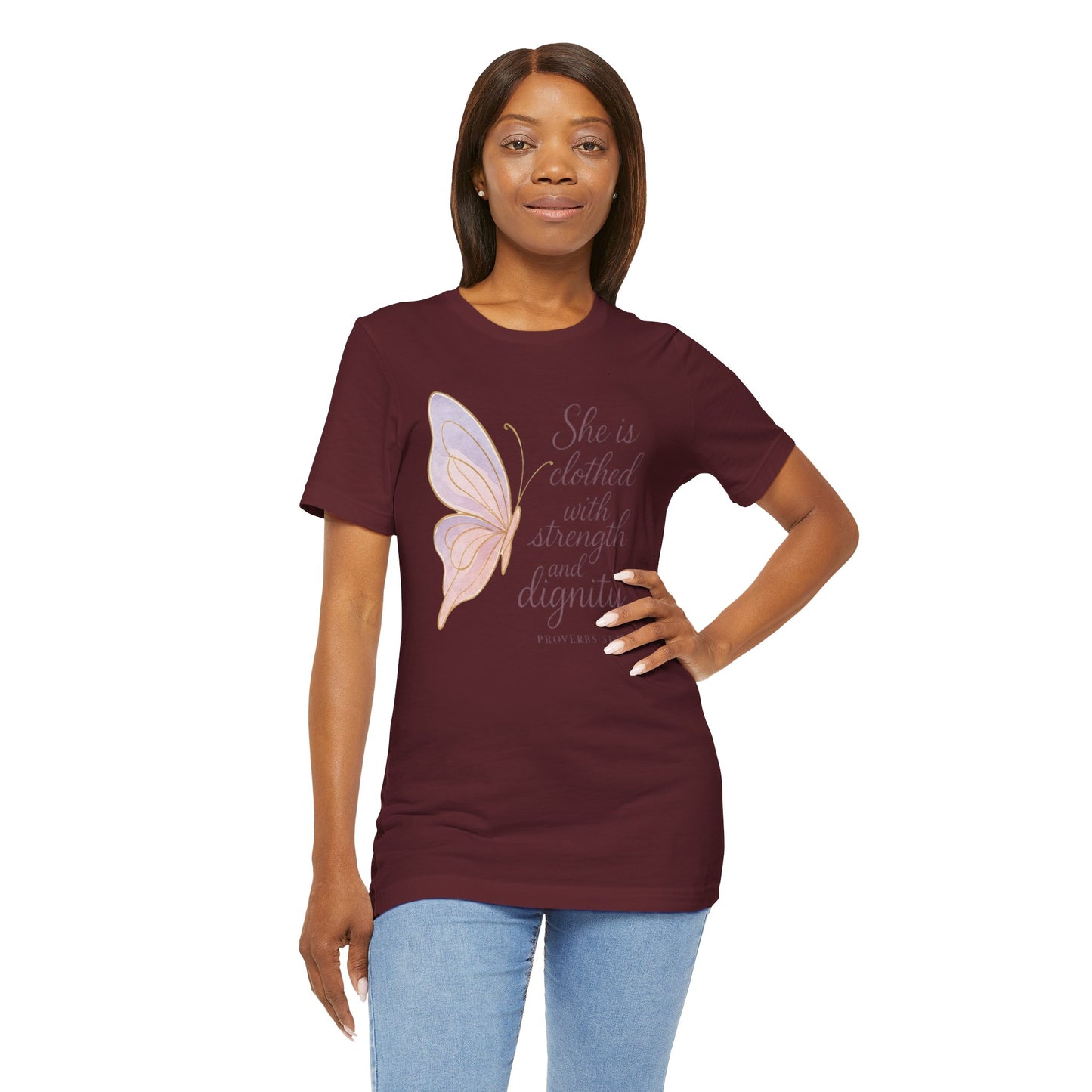 Inspirational "She is clothed with strength and dignity" Butterfly T-Shirt