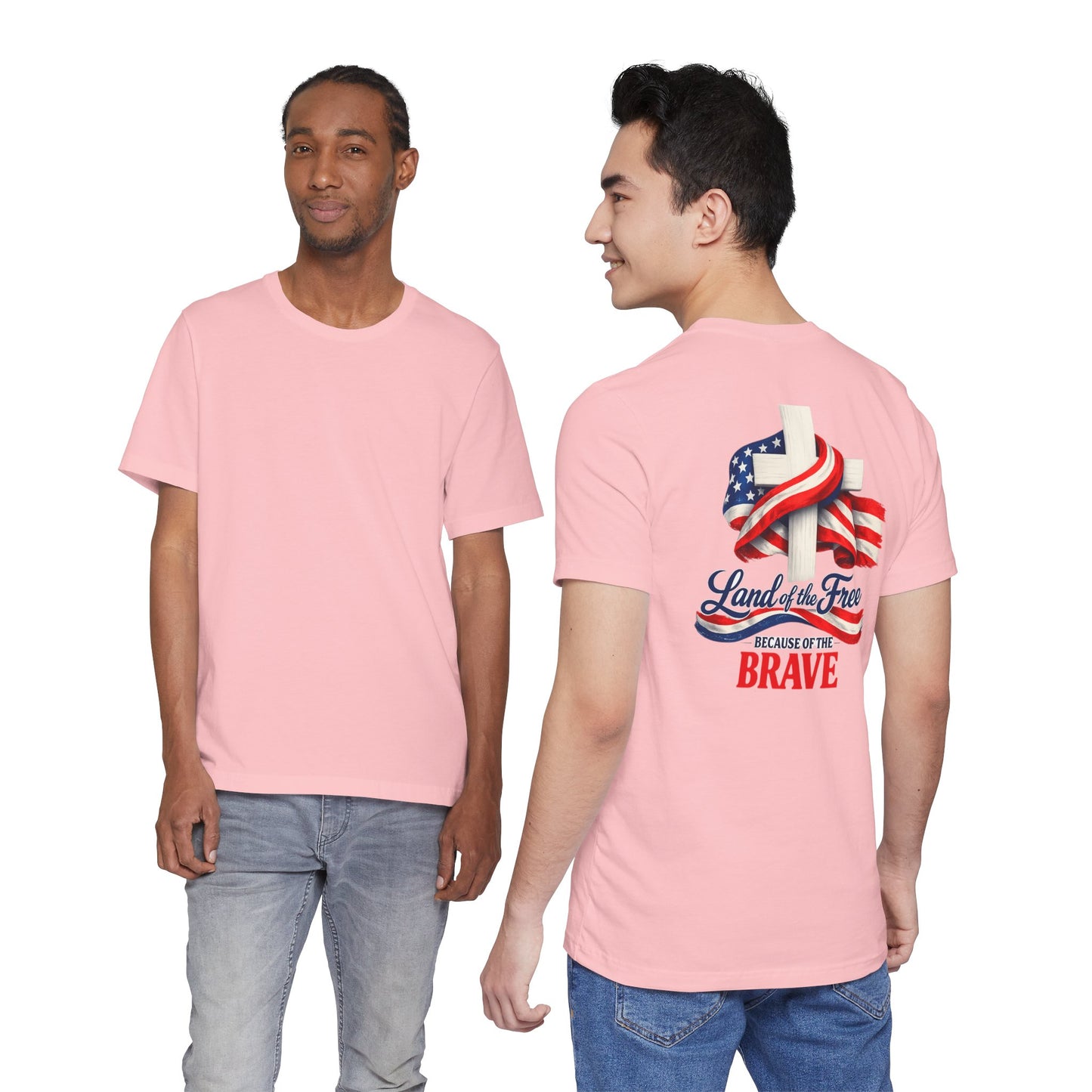 Land of the Free Because of the Brave Tee - Patriotic American Flag Cross T-Shirt