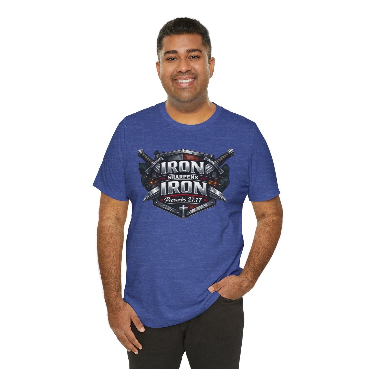 Iron Sharpens Iron T-Shirt — Faith-Based Proverbs 27:17 Graphic Tee