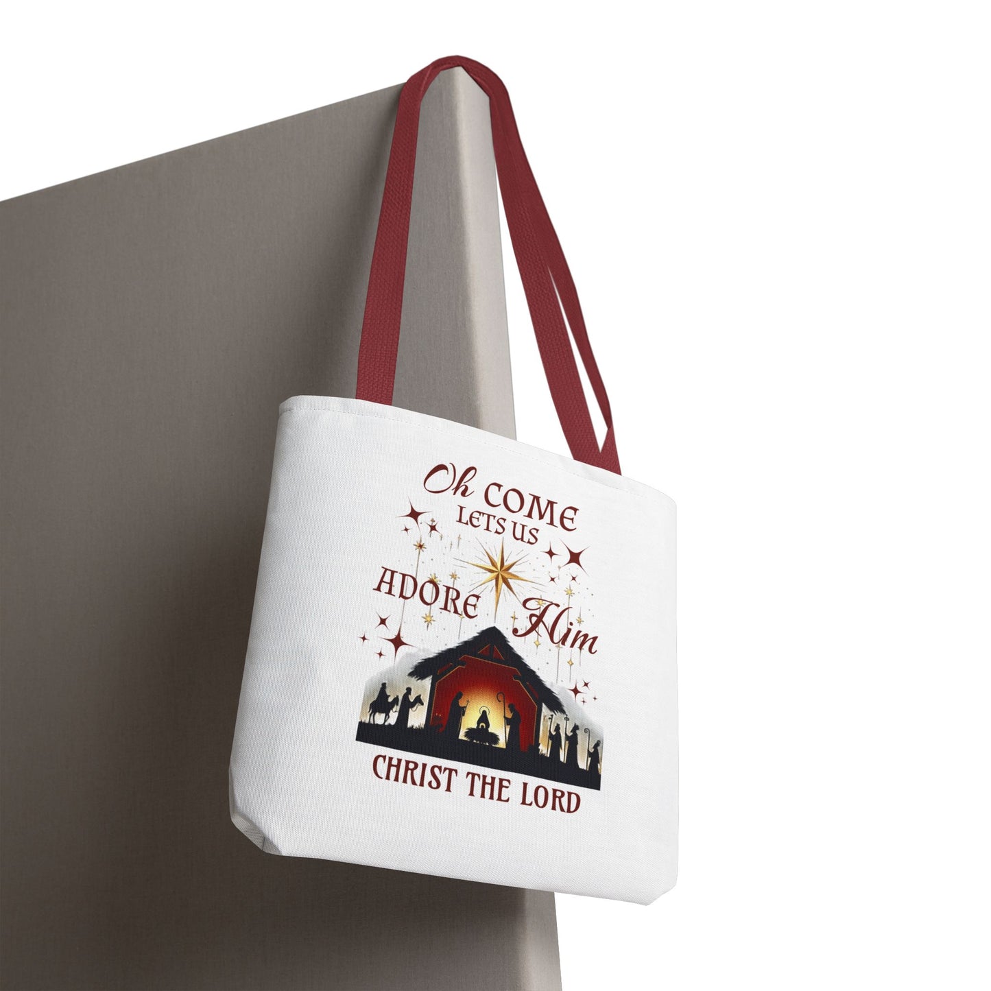 Nativity Scene Tote Bag with 'Oh come let us adore Him, Christ the Lord' Phrase