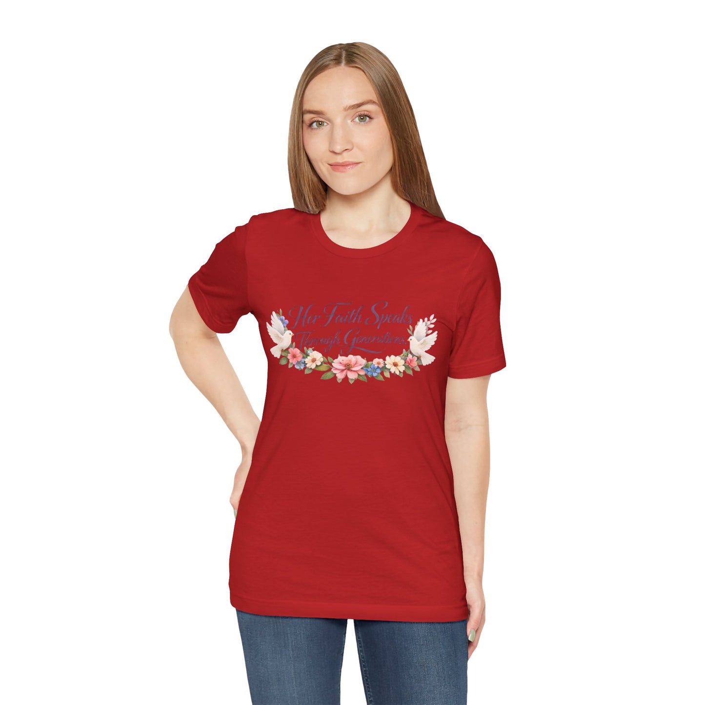 Her Faith Speaks Through Generations T-Shirt — Floral Inspirational Christian Tee