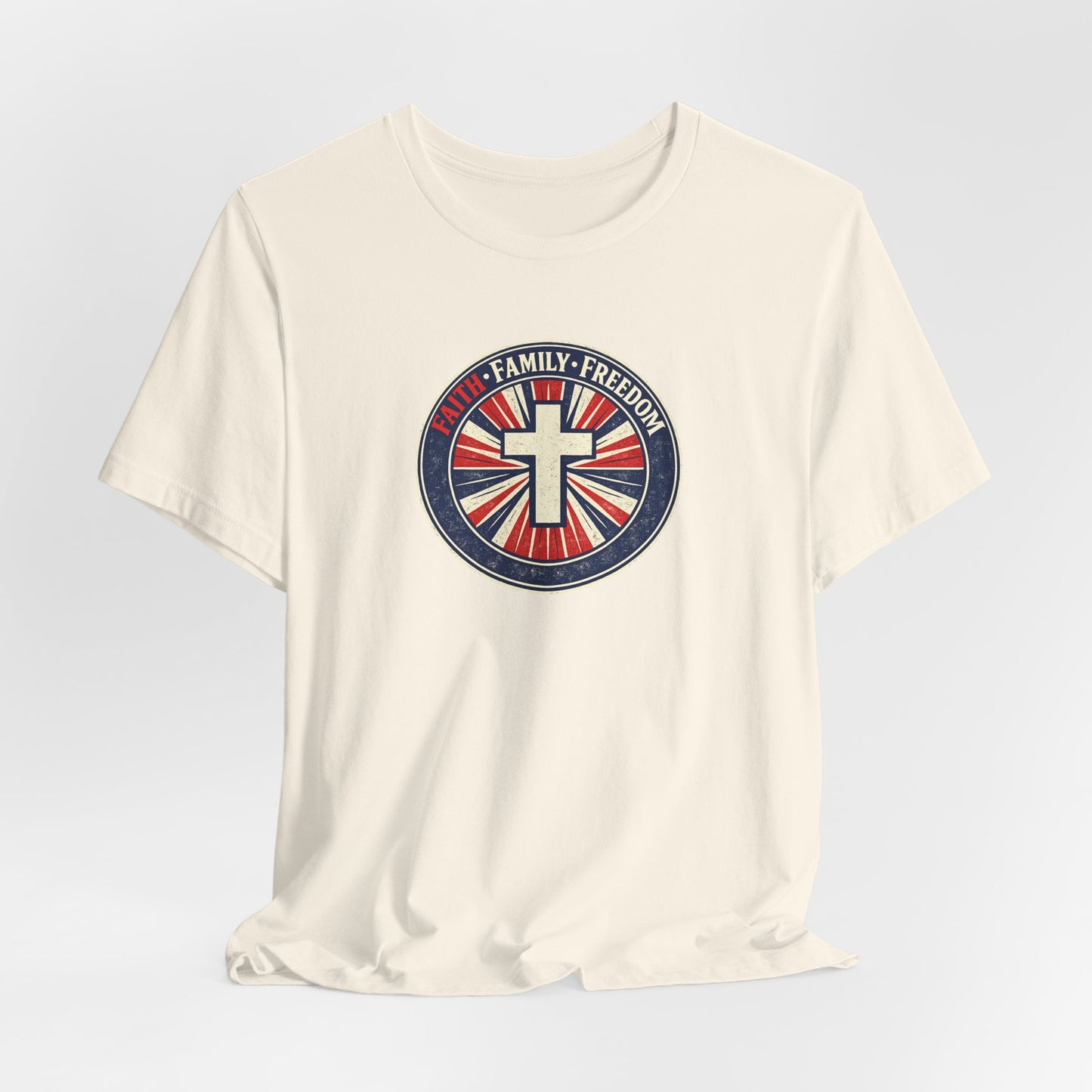 Faith Family Freedom T‑Shirt — Cross Emblem Patriotic Graphic Tee