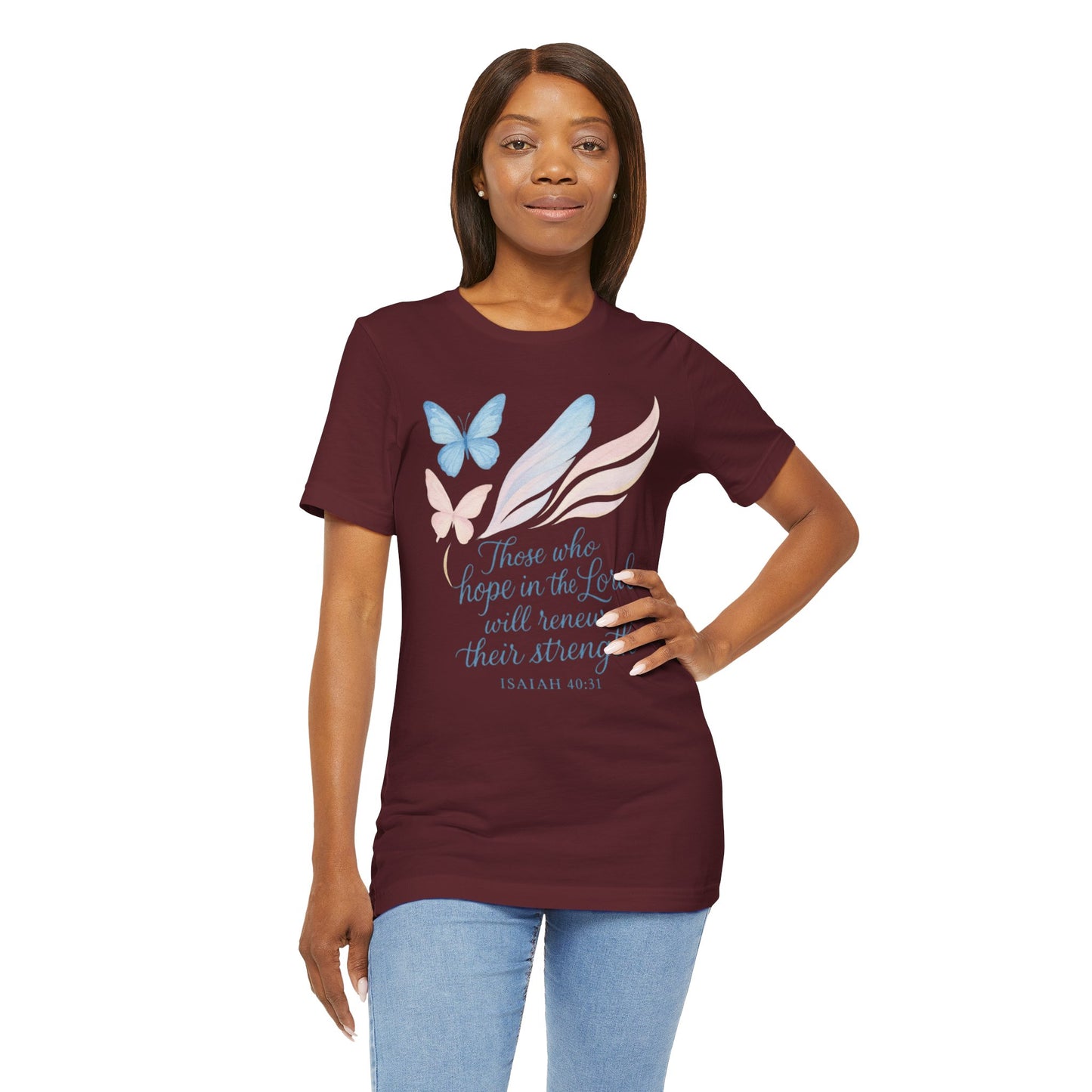 Inspirational Scripture T-Shirt – "Those Who Hope in the Lord" Isaiah 40:31, Pastel Butterflies