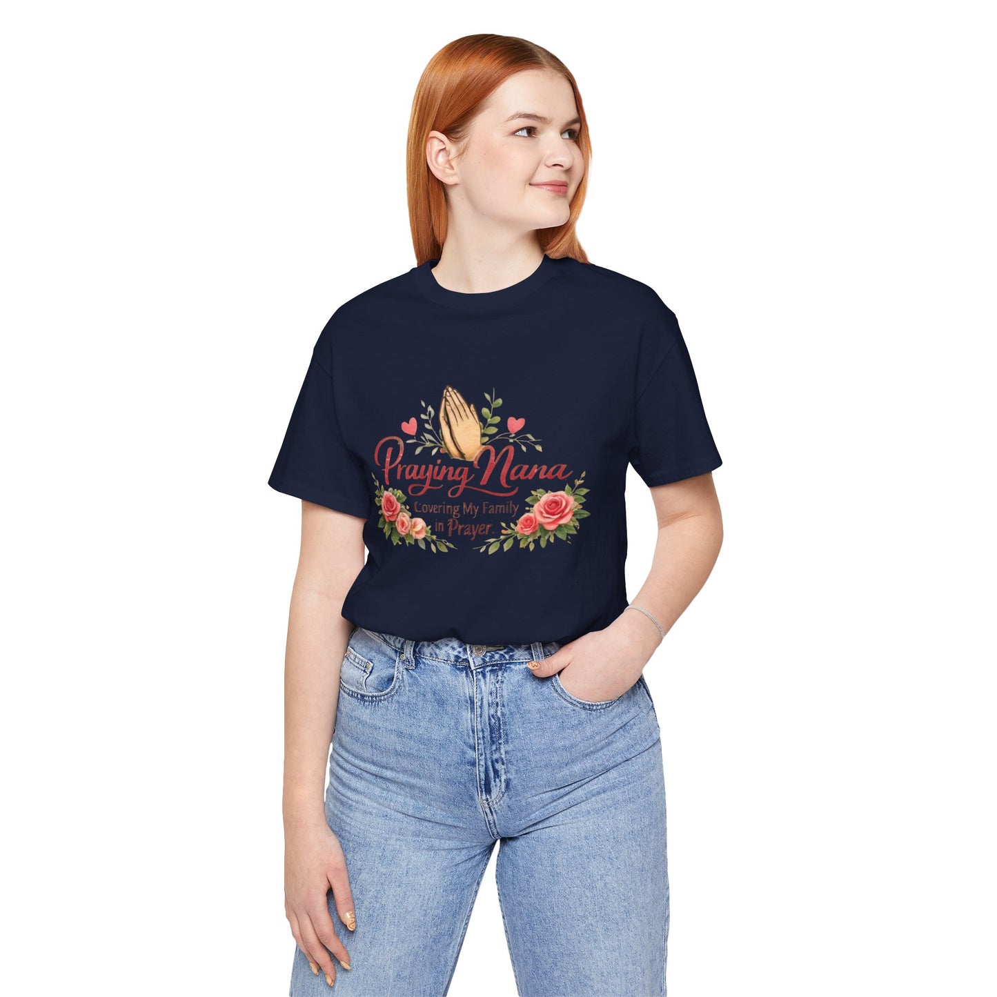 Praying Nana T-Shirt – Floral Praying Hands "Covering My Family in Prayer" Grandma Gift