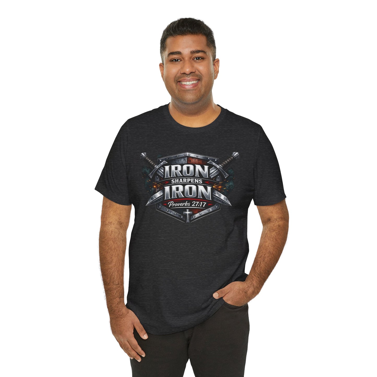 Iron Sharpens Iron T-Shirt — Faith-Based Proverbs 27:17 Graphic Tee