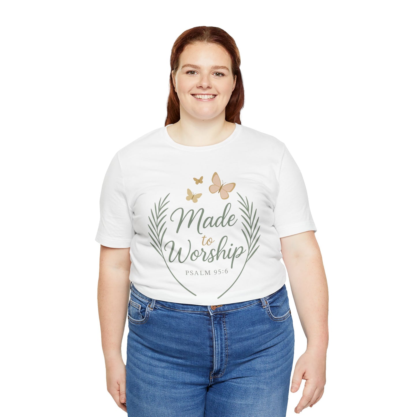Made to Worship T-Shirt – Psalm 95:6 Christian Faith Tee with Butterflies