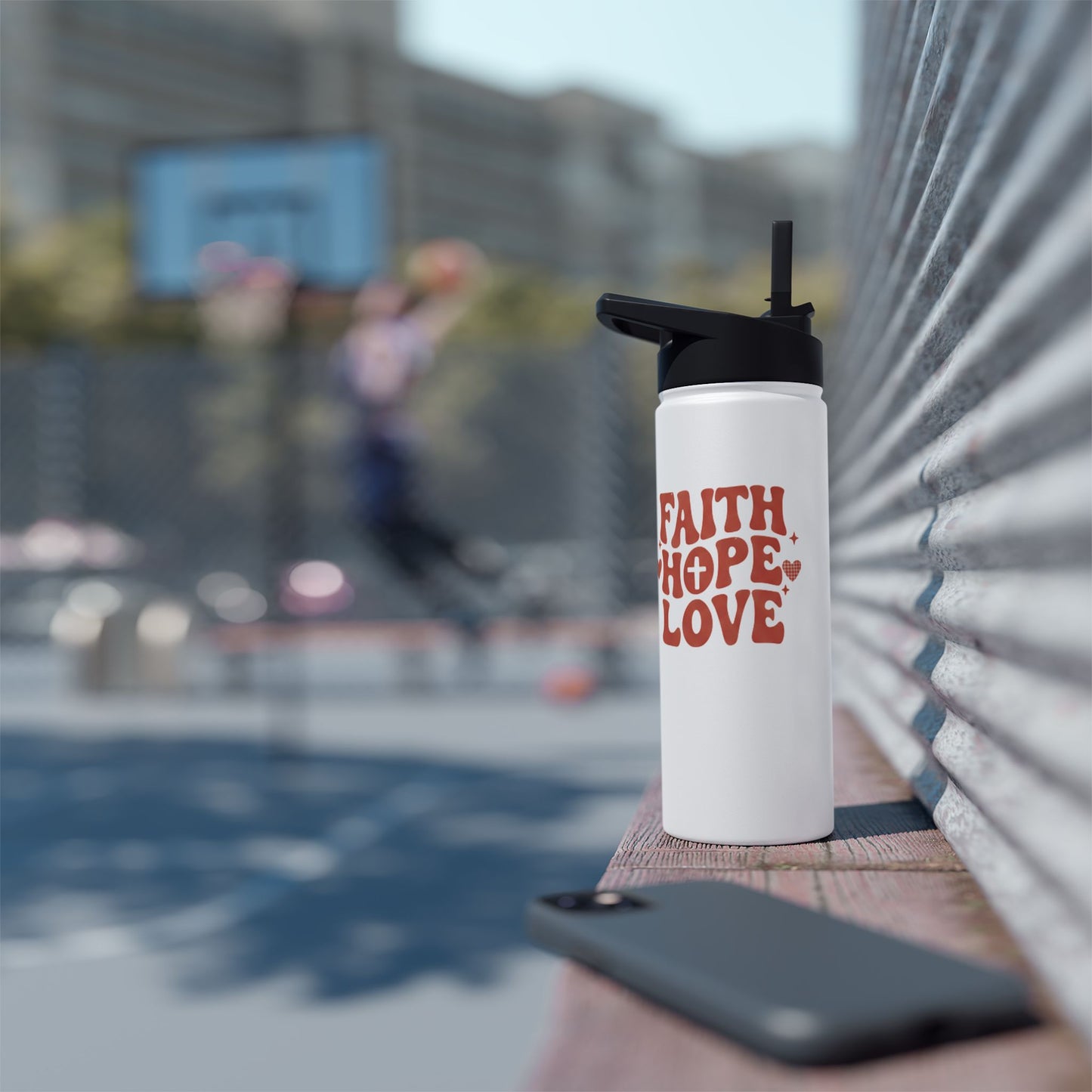 Faith Hope Love Stainless Steel Water Bottle — Retro Heart Typography