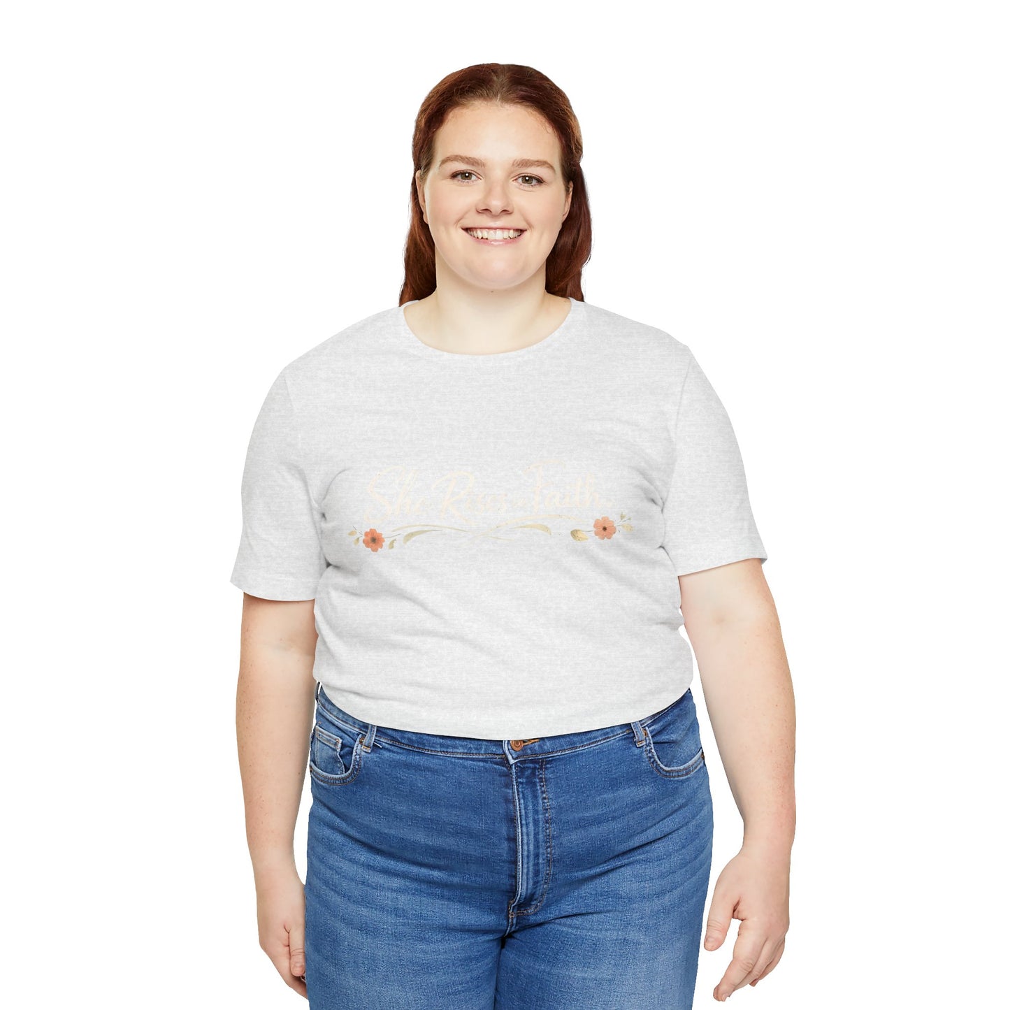 "She Rises In Faith" Chest Tee – Delicate Peach Blossom Graphic