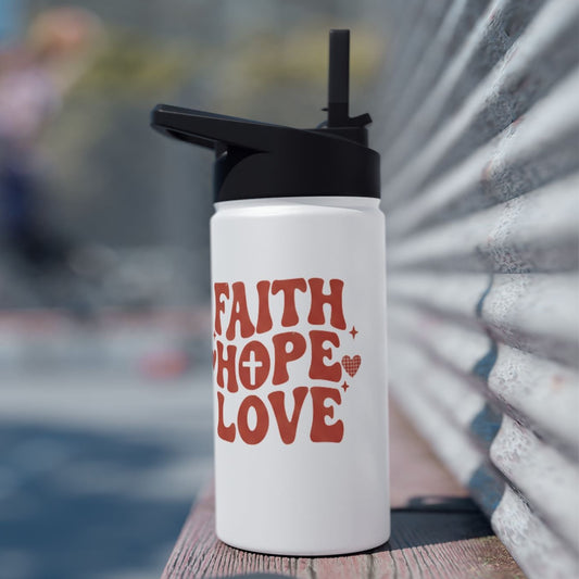 Faith Hope Love Stainless Steel Water Bottle — Retro Heart Typography
