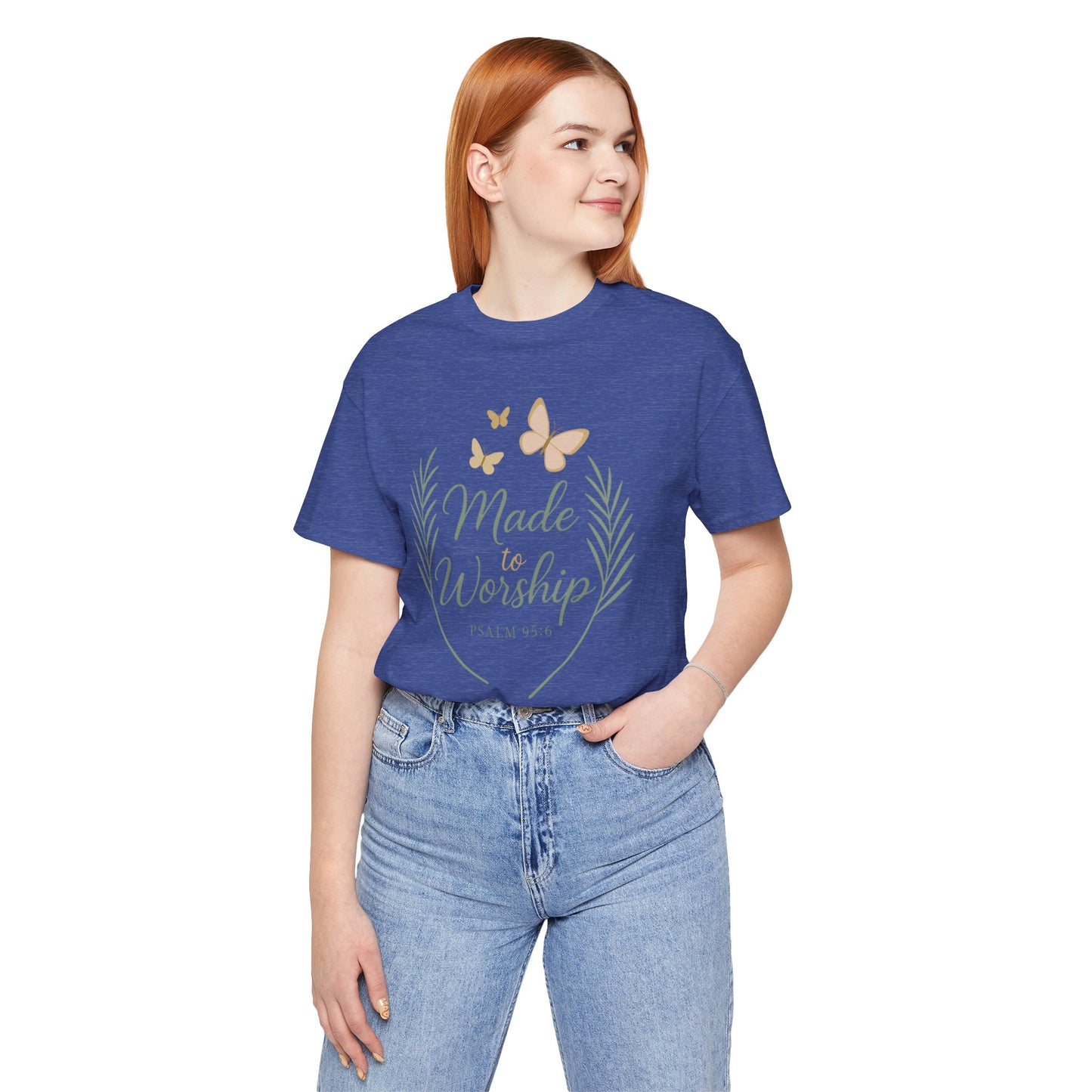 Made to Worship T-Shirt – Psalm 95:6 Christian Faith Tee with Butterflies