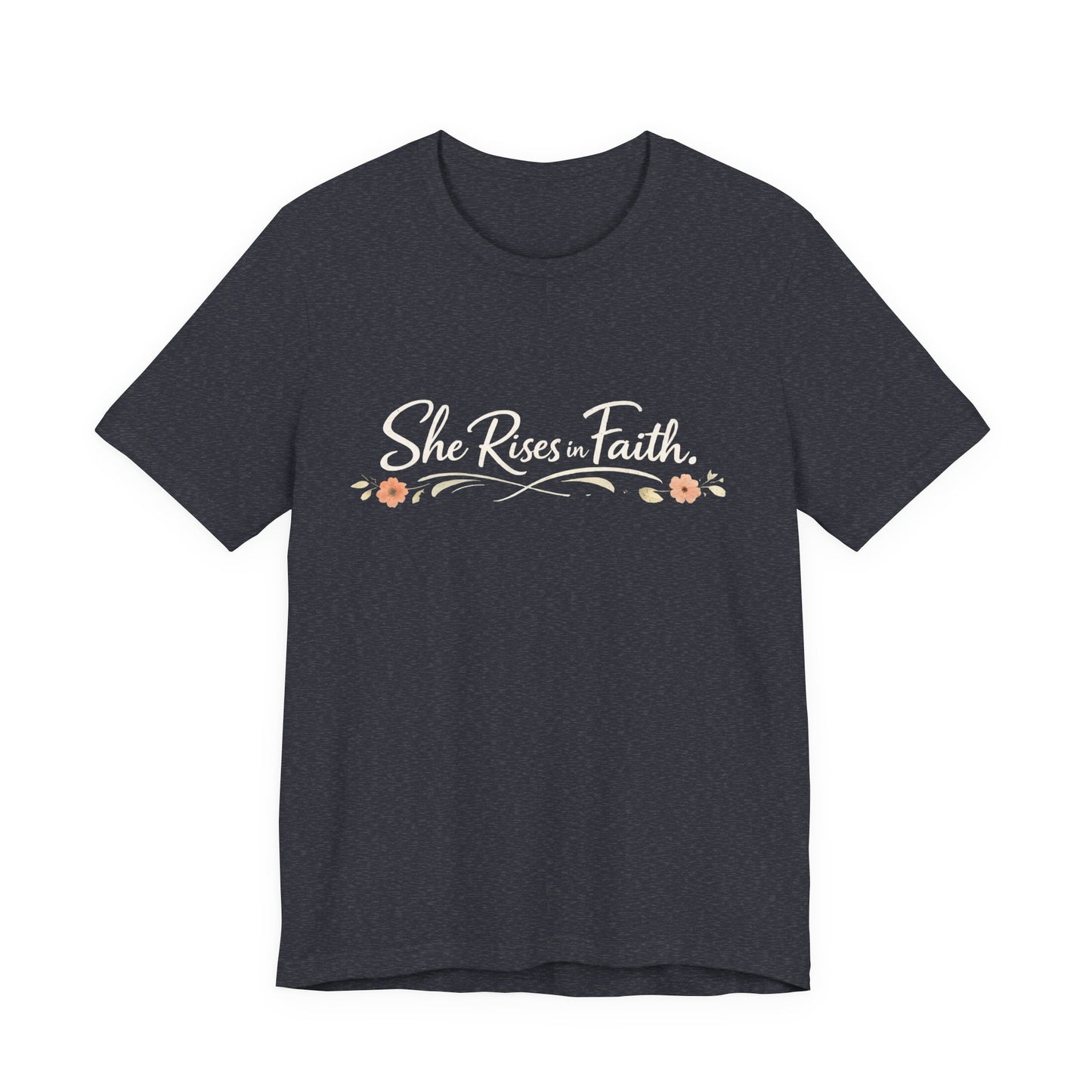 "She Rises In Faith" Chest Tee – Delicate Peach Blossom Graphic