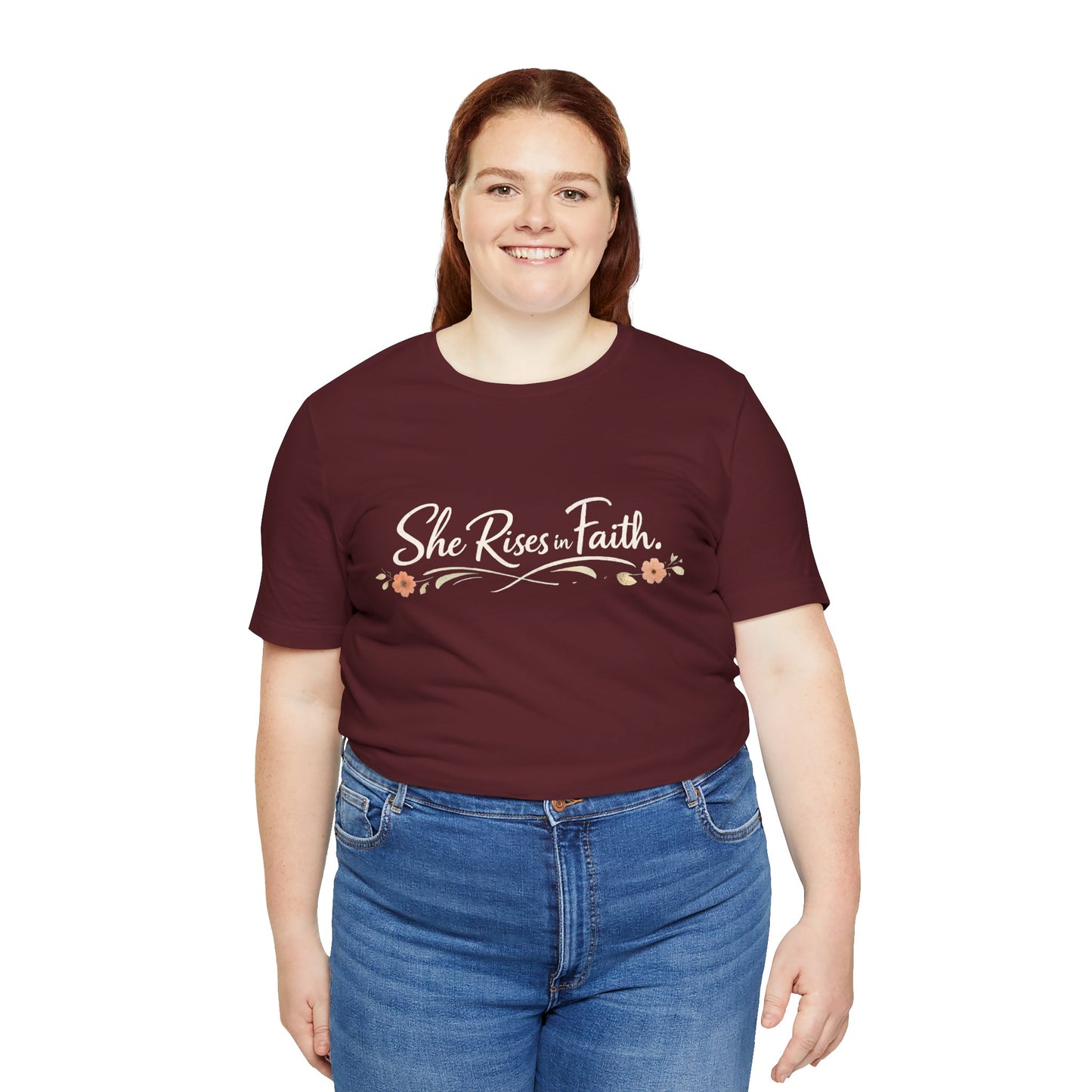 "She Rises In Faith" Chest Tee – Delicate Peach Blossom Graphic
