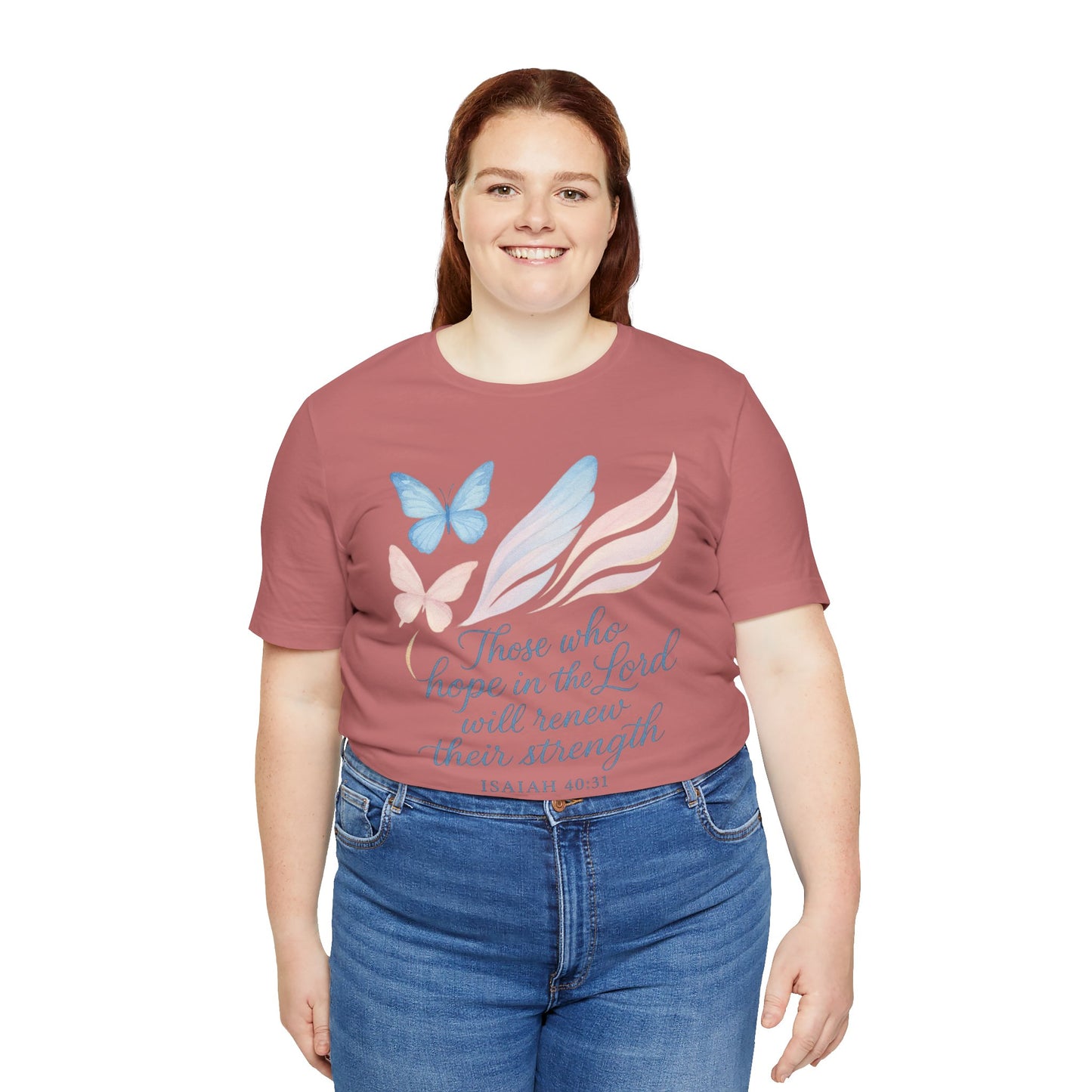 Inspirational Scripture T-Shirt – "Those Who Hope in the Lord" Isaiah 40:31, Pastel Butterflies