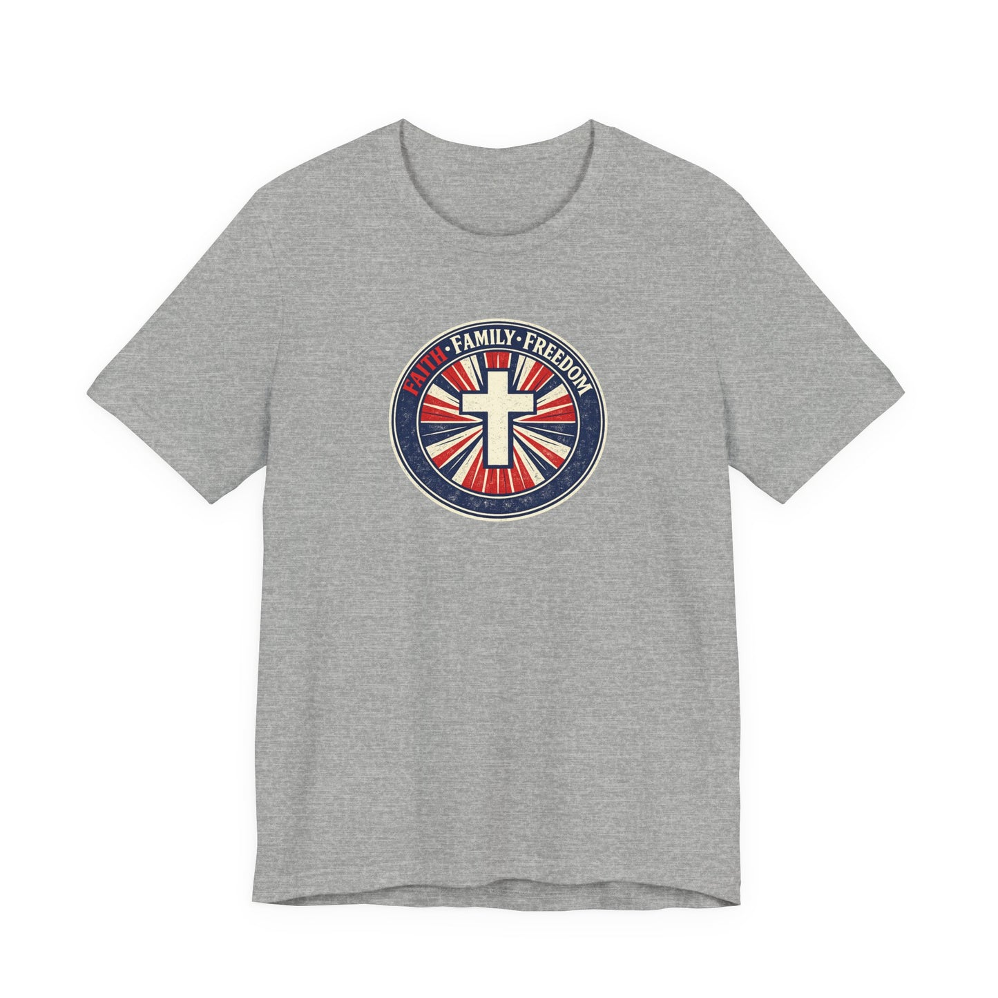 Faith Family Freedom T‑Shirt — Cross Emblem Patriotic Graphic Tee