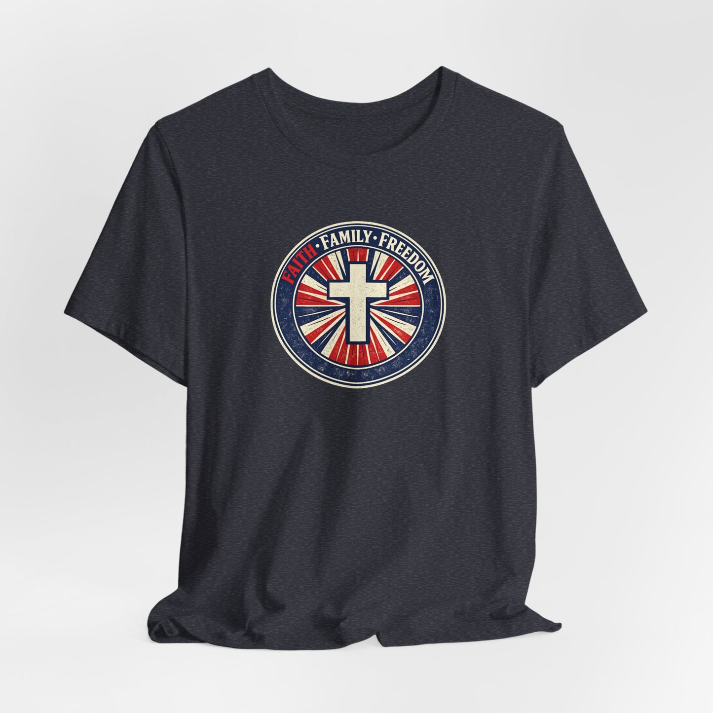 Faith Family Freedom T‑Shirt — Cross Emblem Patriotic Graphic Tee