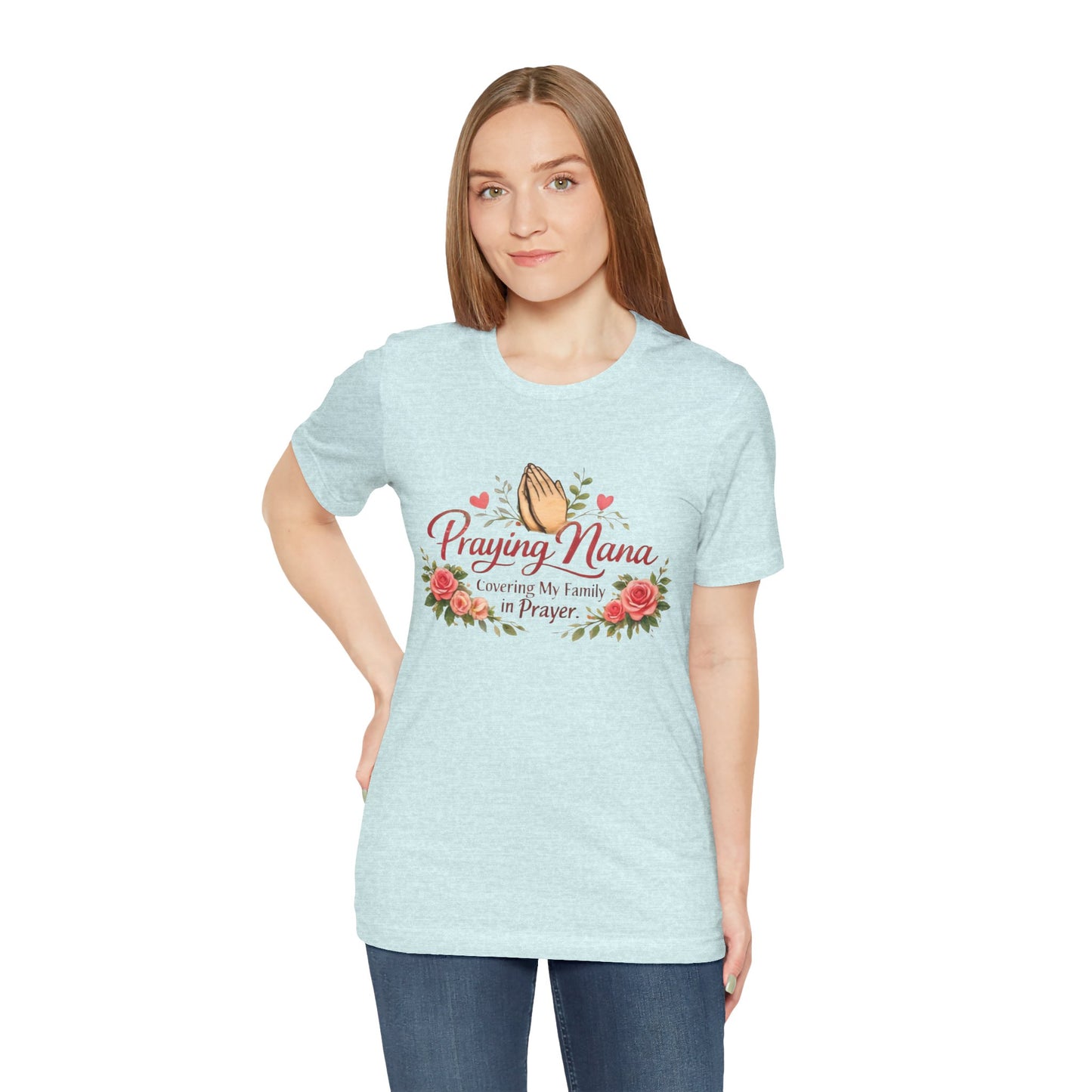 Praying Nana T-Shirt – Floral Praying Hands "Covering My Family in Prayer" Grandma Gift