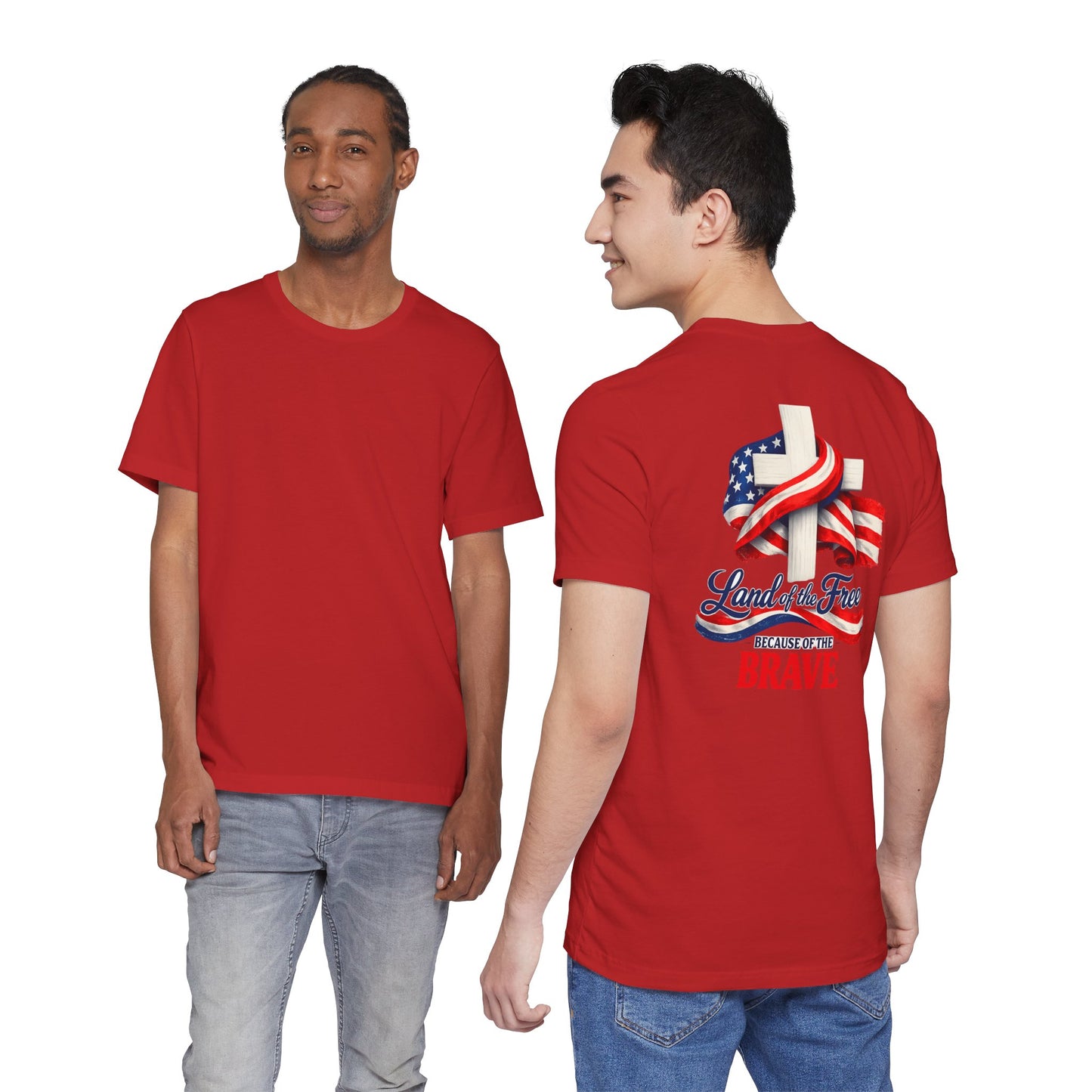 Land of the Free Because of the Brave Tee - Patriotic American Flag Cross T-Shirt