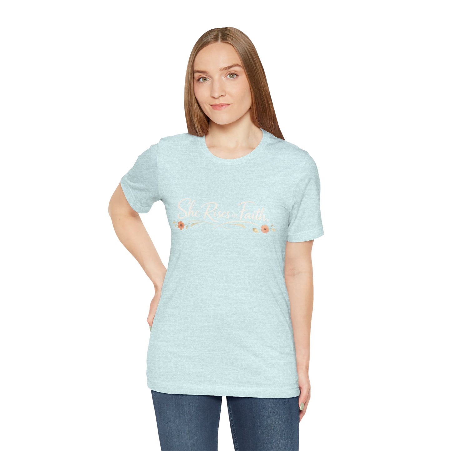 "She Rises In Faith" Chest Tee – Delicate Peach Blossom Graphic