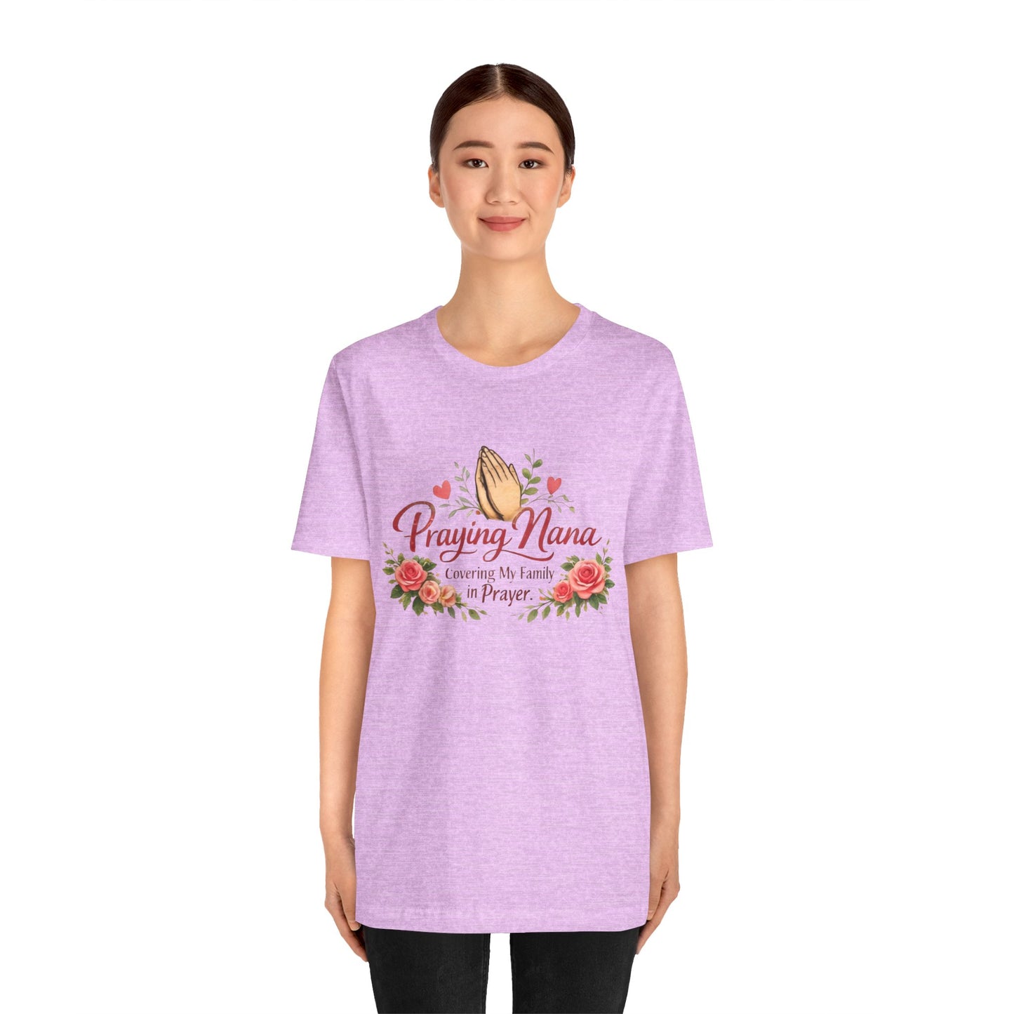 Praying Nana T-Shirt – Floral Praying Hands "Covering My Family in Prayer" Grandma Gift