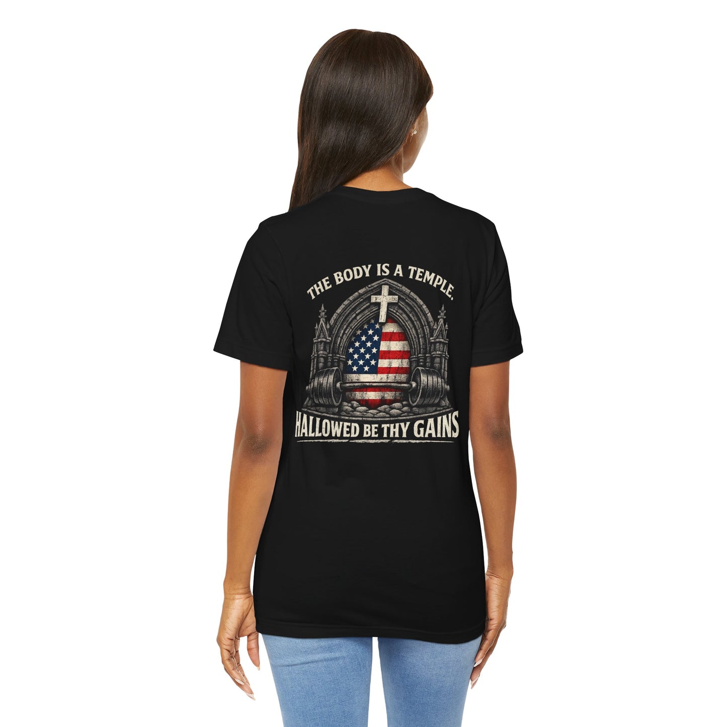 Patriotic Gym Tee — “The Body Is a Temple” American Flag Fitness T-Shirt