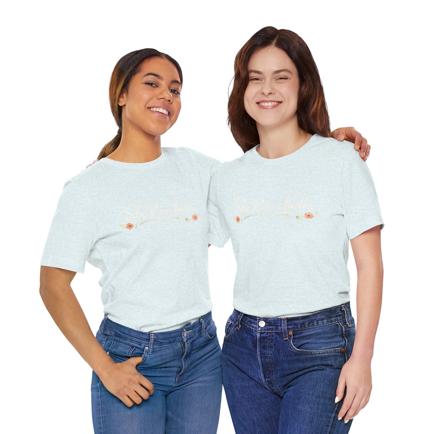 "She Rises In Faith" Chest Tee – Delicate Peach Blossom Graphic