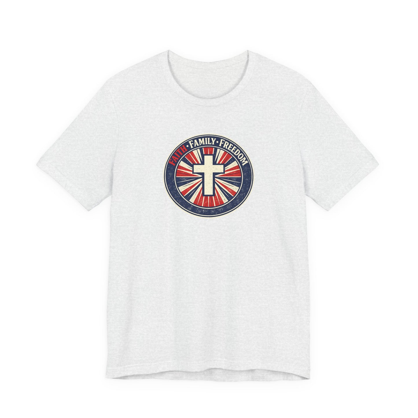 Faith Family Freedom T‑Shirt — Cross Emblem Patriotic Graphic Tee