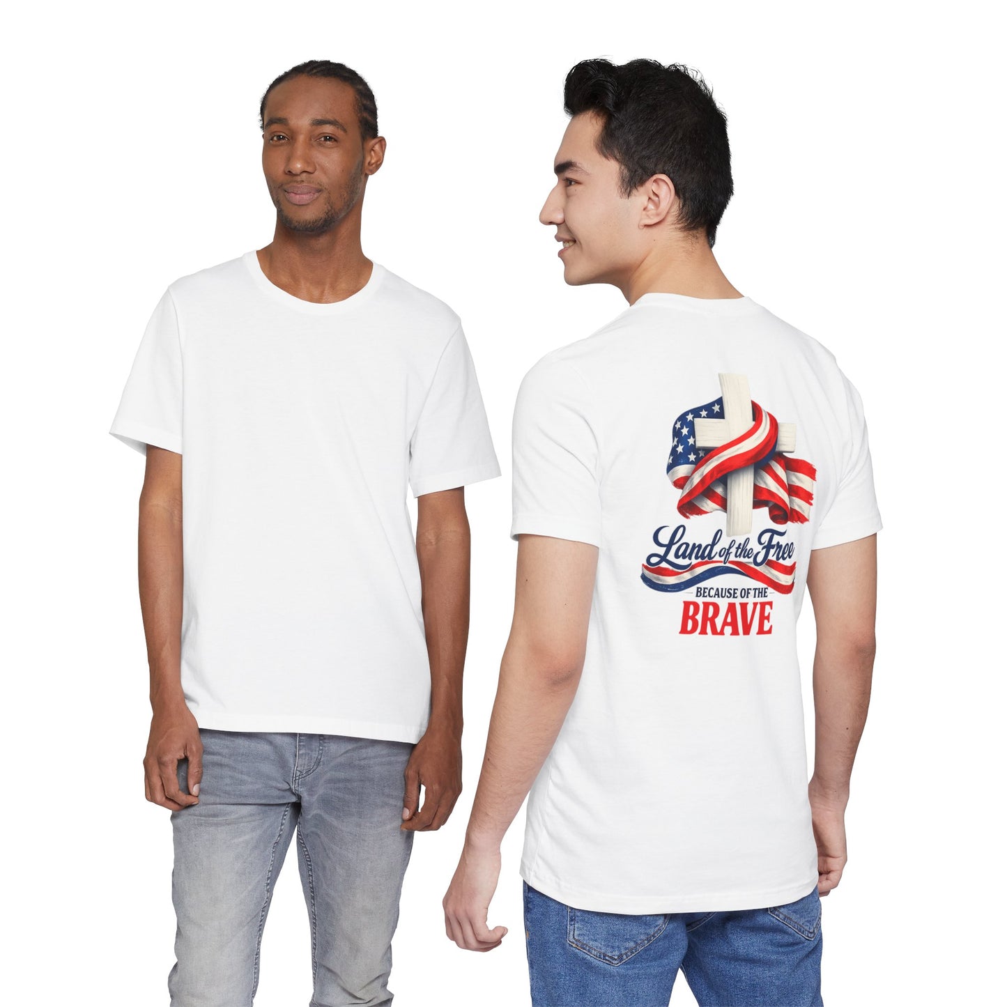 Land of the Free Because of the Brave Tee - Patriotic American Flag Cross T-Shirt