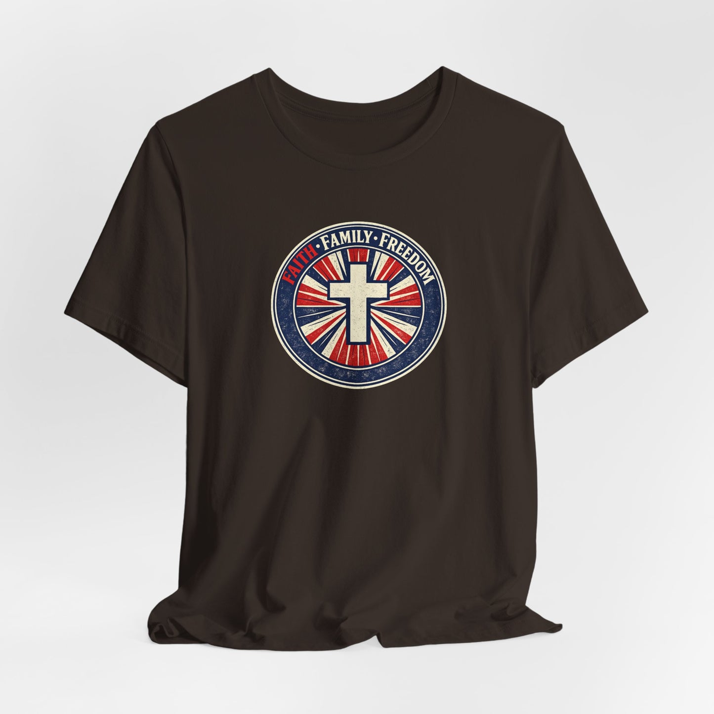Faith Family Freedom T‑Shirt — Cross Emblem Patriotic Graphic Tee