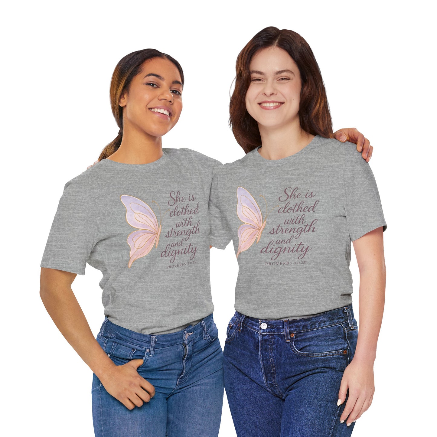 Inspirational "She is clothed with strength and dignity" Butterfly T-Shirt