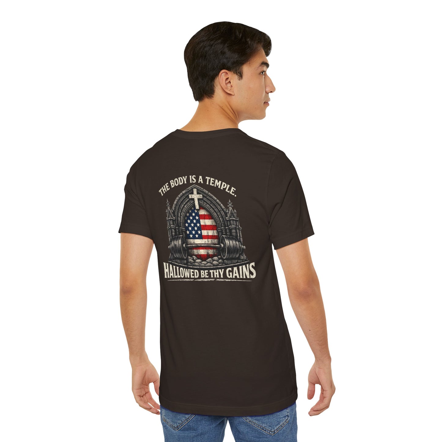 Patriotic Gym Tee — “The Body Is a Temple” American Flag Fitness T-Shirt