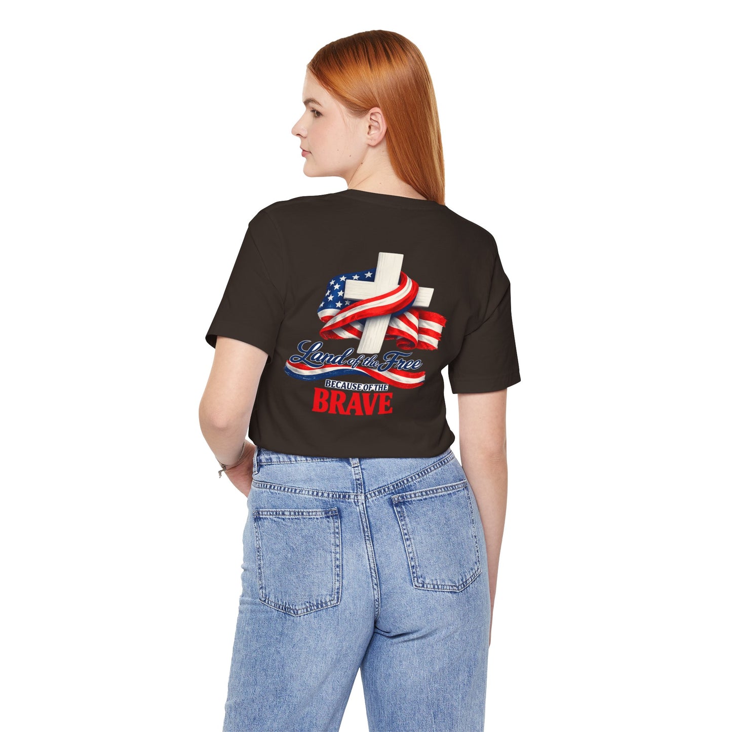 Land of the Free Because of the Brave Tee - Patriotic American Flag Cross T-Shirt