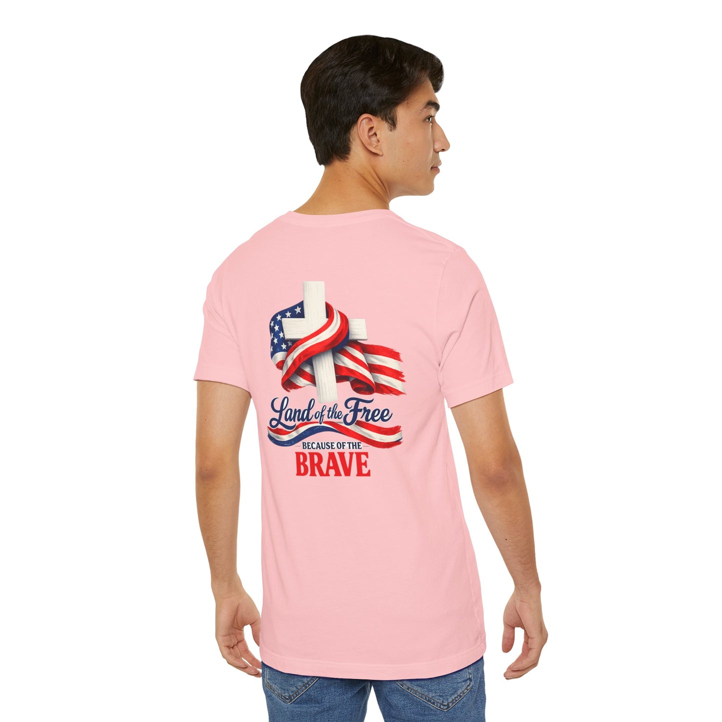 Land of the Free Because of the Brave Tee - Patriotic American Flag Cross T-Shirt