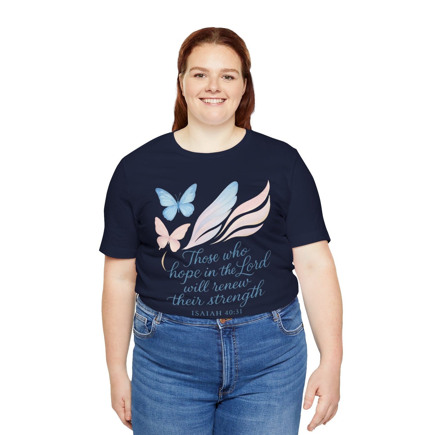 Inspirational Scripture T-Shirt – "Those Who Hope in the Lord" Isaiah 40:31, Pastel Butterflies