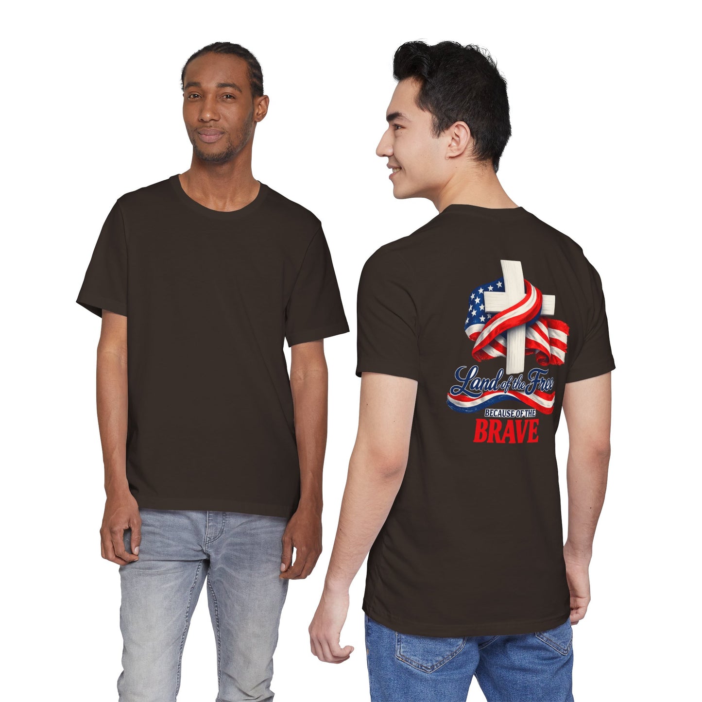 Land of the Free Because of the Brave Tee - Patriotic American Flag Cross T-Shirt
