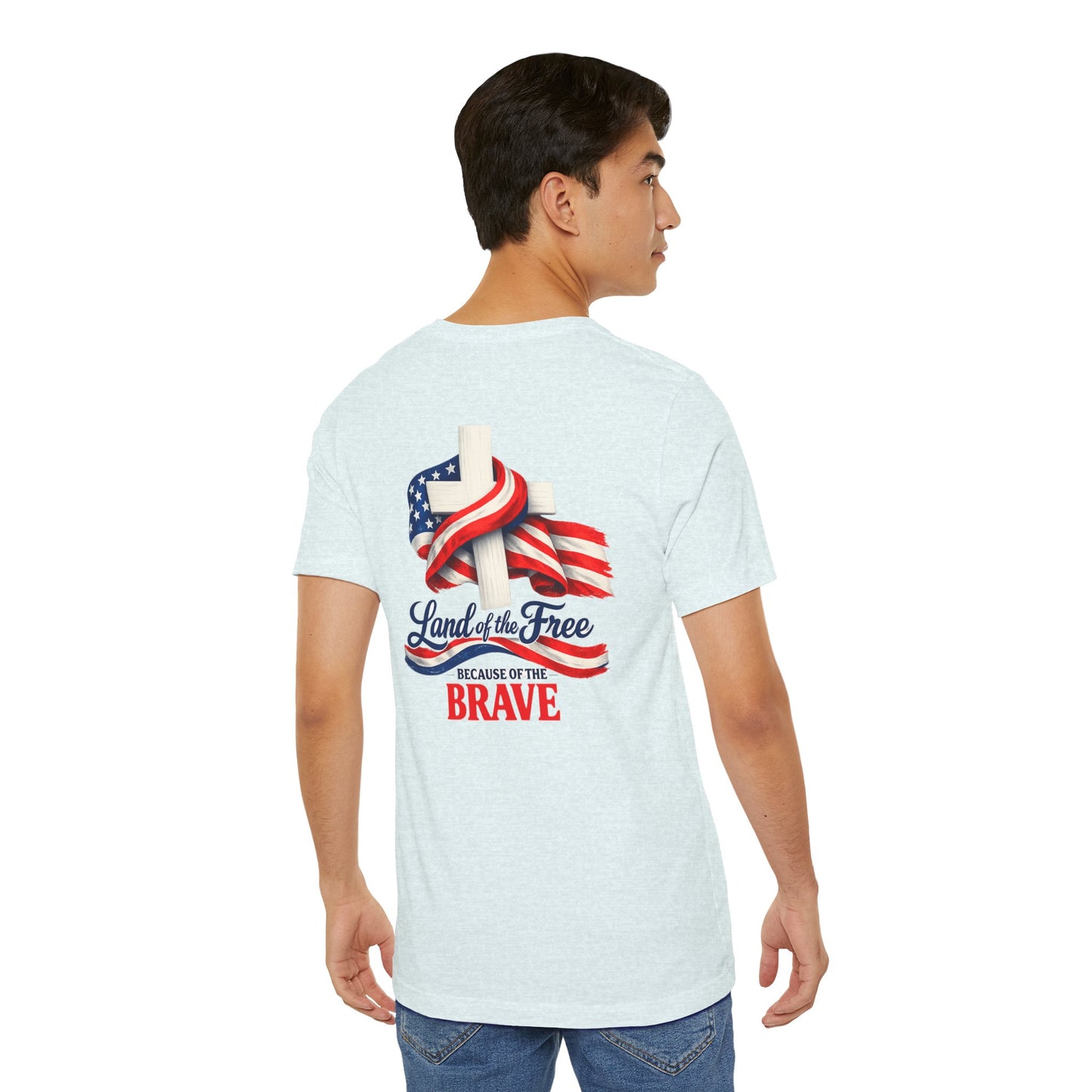 Land of the Free Because of the Brave Tee - Patriotic American Flag Cross T-Shirt