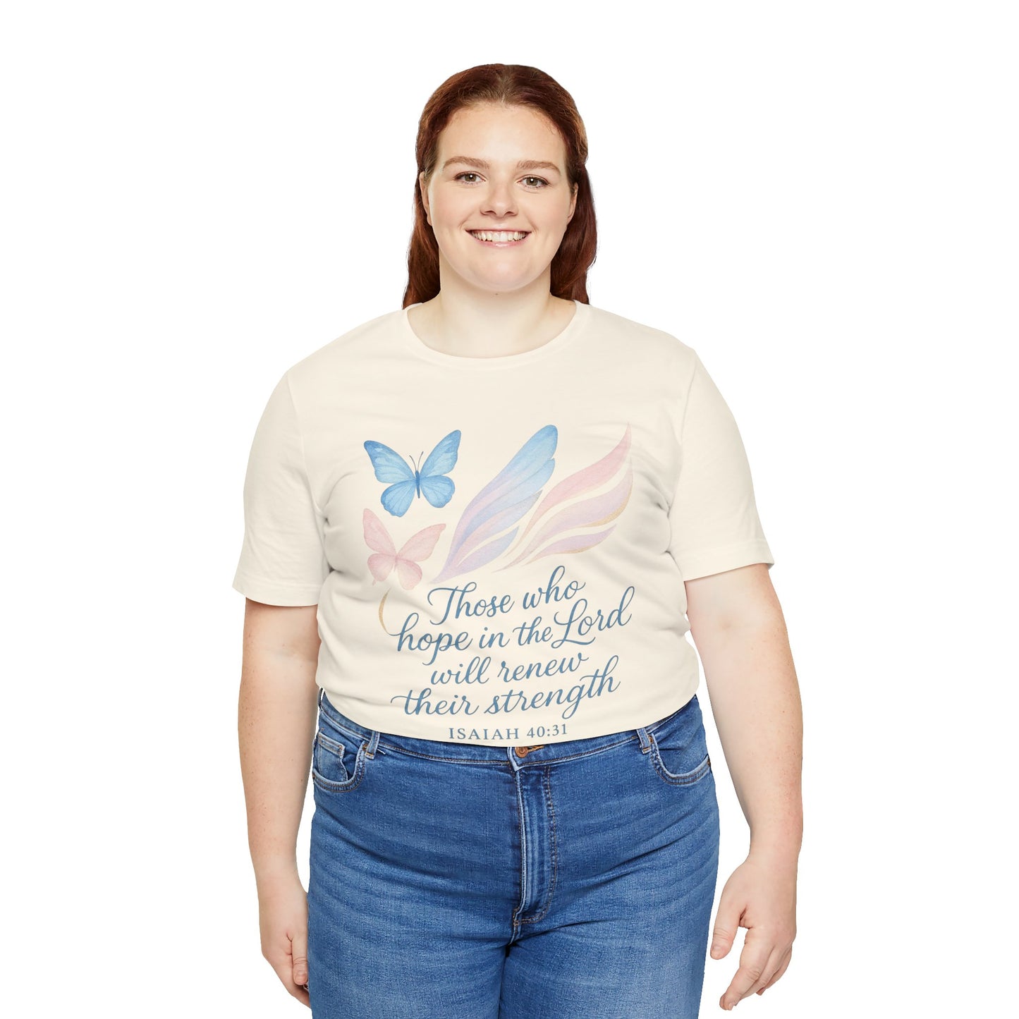 Inspirational Scripture T-Shirt – "Those Who Hope in the Lord" Isaiah 40:31, Pastel Butterflies