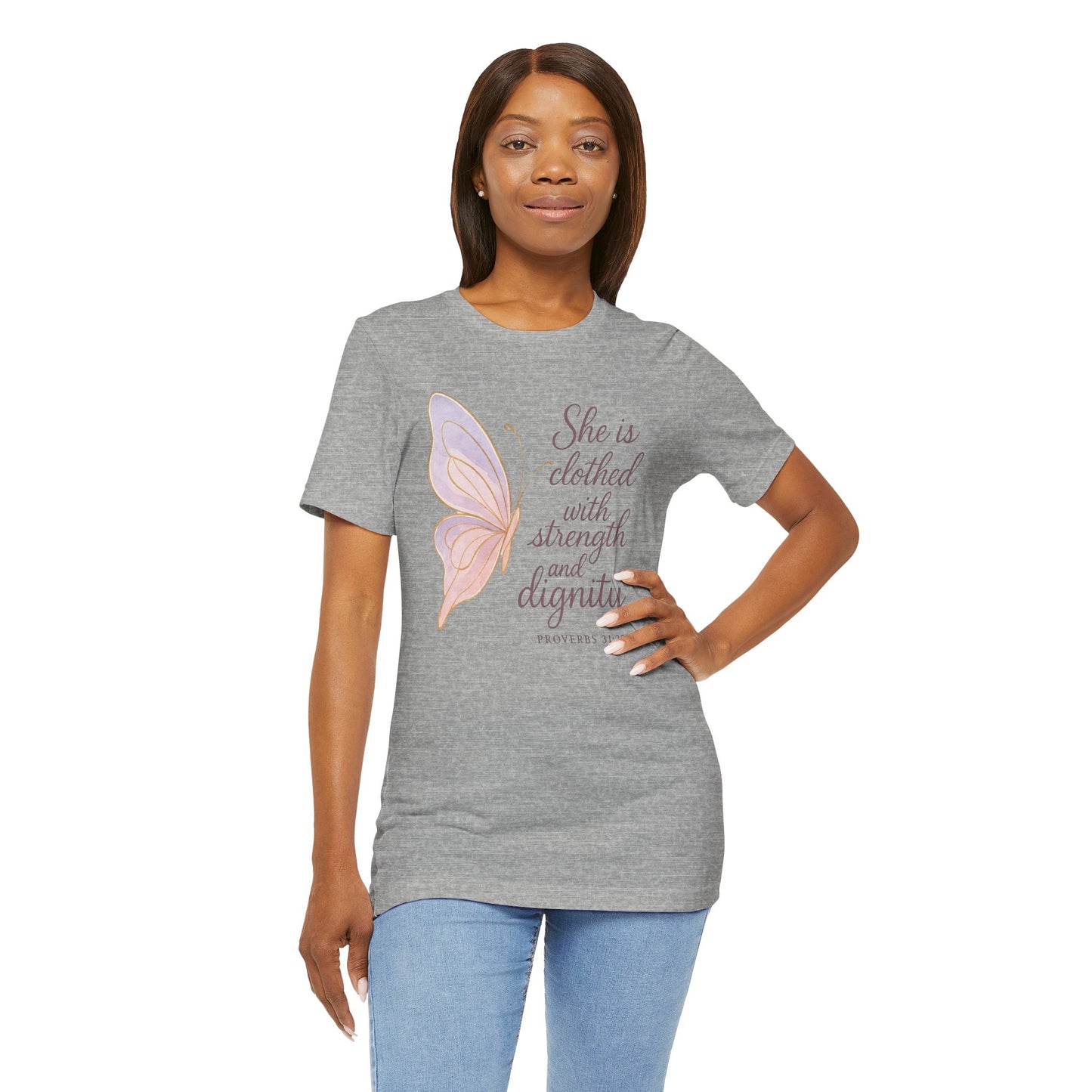 Inspirational "She is clothed with strength and dignity" Butterfly T-Shirt