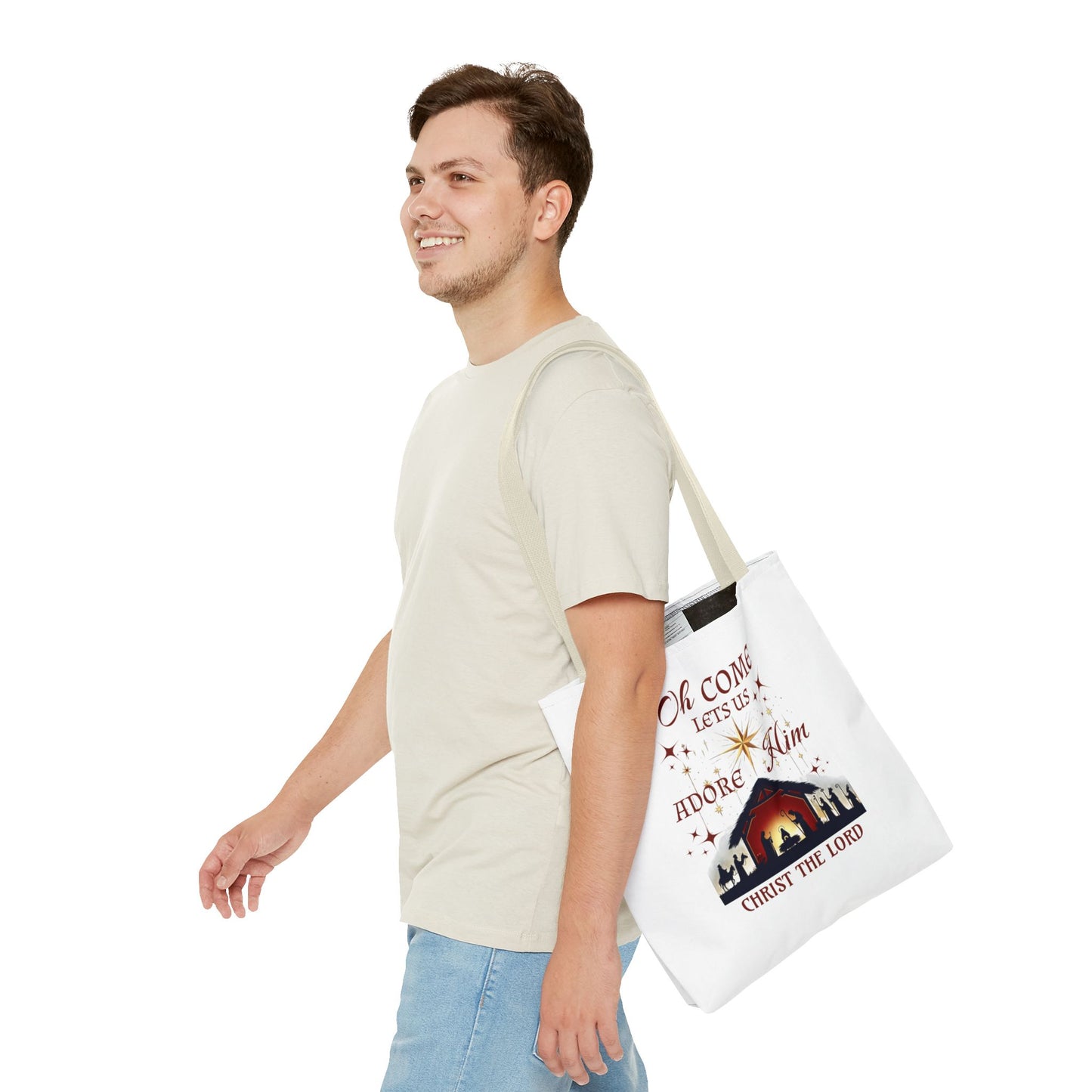 Nativity Scene Tote Bag with 'Oh come let us adore Him, Christ the Lord' Phrase