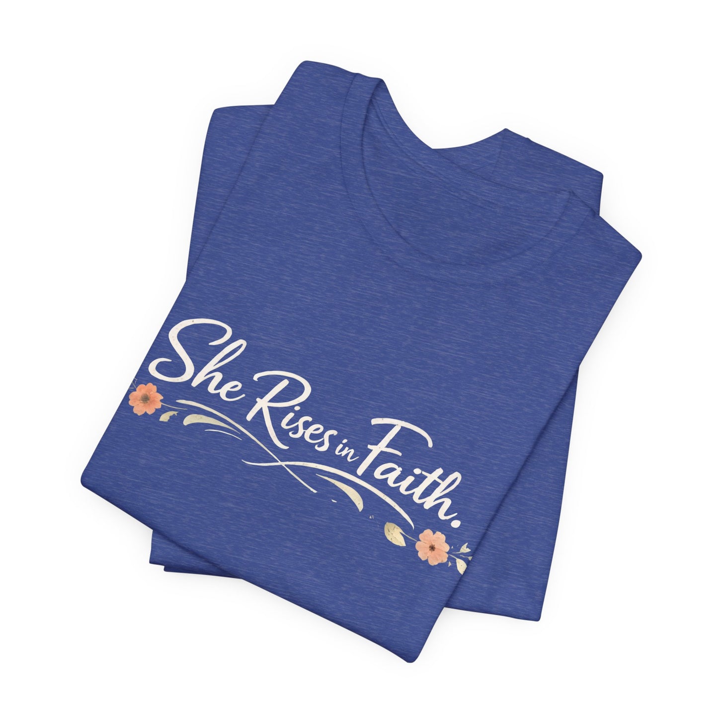 "She Rises In Faith" Chest Tee – Delicate Peach Blossom Graphic