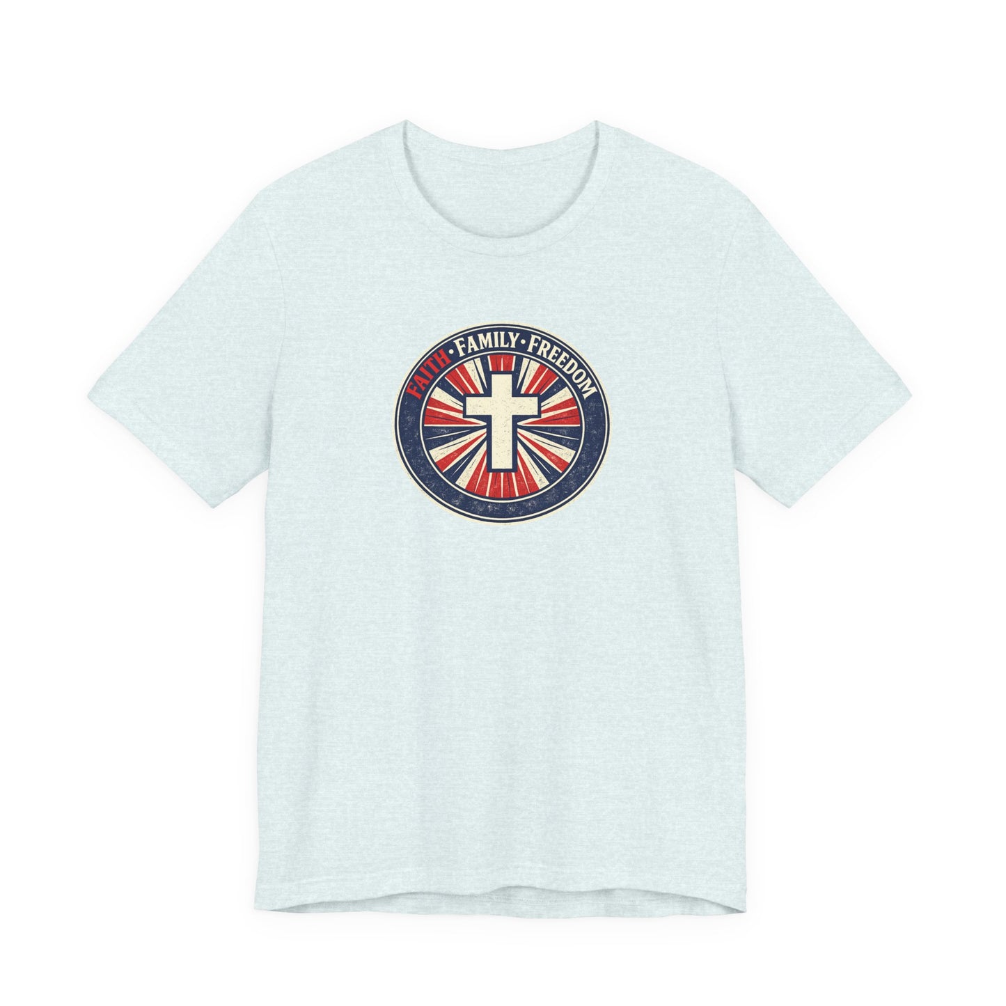 Faith Family Freedom T‑Shirt — Cross Emblem Patriotic Graphic Tee